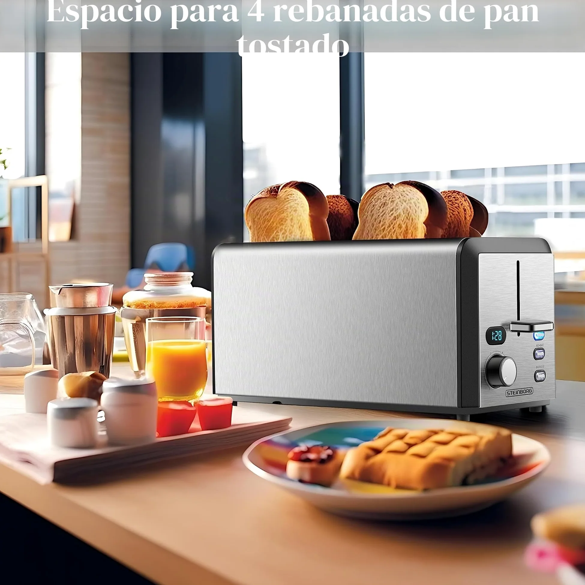 Tostadora XXL | 4 rebanadas | 1500 W | 6 niveles de control | accesorio para panecillos | función de descongelación | bandeja recogemigas | acero inoxidable