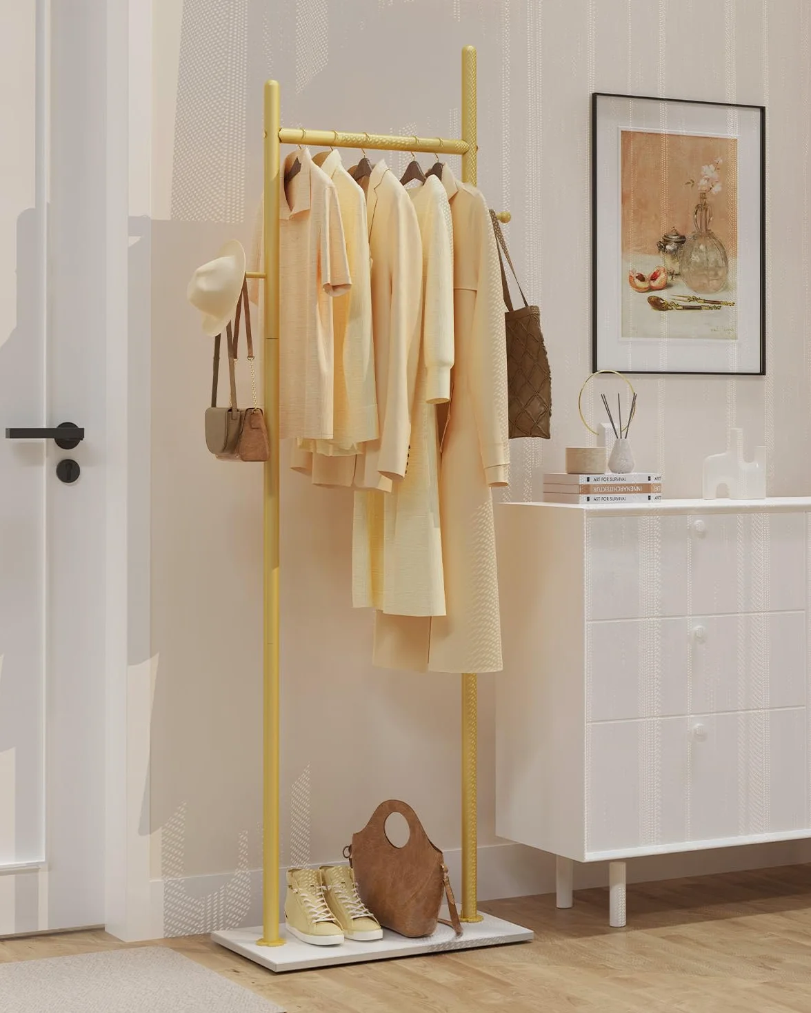 Perchero de Pie, Metal Perchas Independientes, 50x30x175 cm, Golden | Gran Colgador de Ropa Moderno Resistente con Placa Inferior de Roca Gruesa y 2 Ganchos, para Oficina, Dormitorio