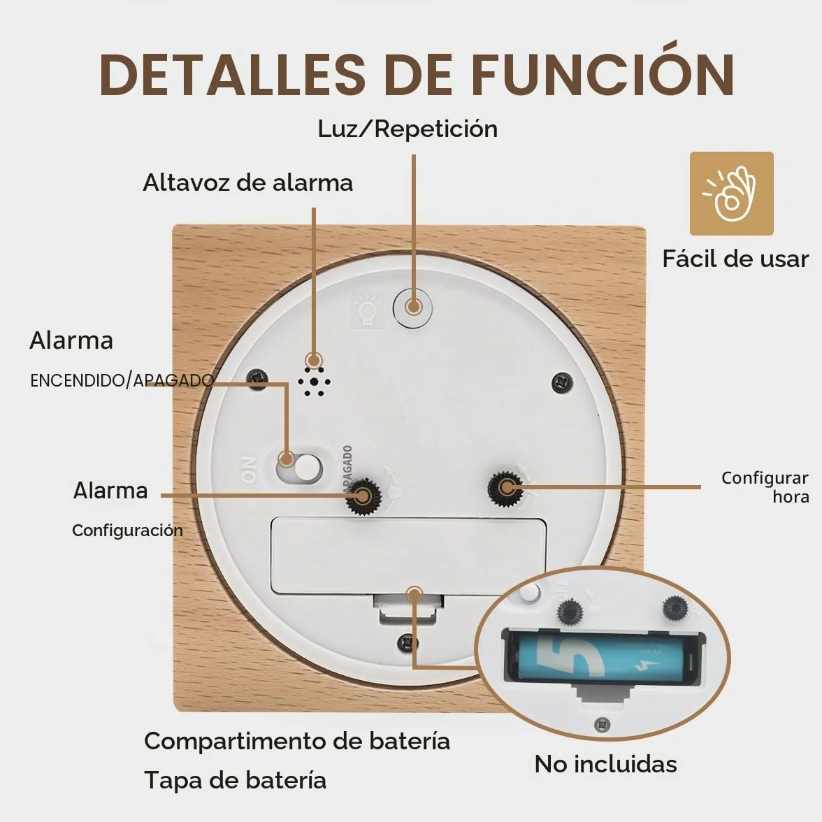 Despertador analógico, despertador infantil sin tictac, reloj analógico de madera con función de repetición y luz nocturna, reloj de mesa, funciona con pilas para dormitorio, cocina y viajes