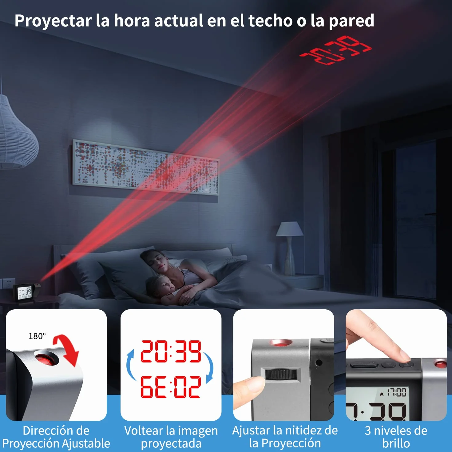Reloj despertador de proyección digital: Pantalla LCD clara con temperatura fecha 12/24H y modo fin de semana, brillo y volumen ajustables, Reloj a pilas para niños ancianos dormitorio (Rojo)