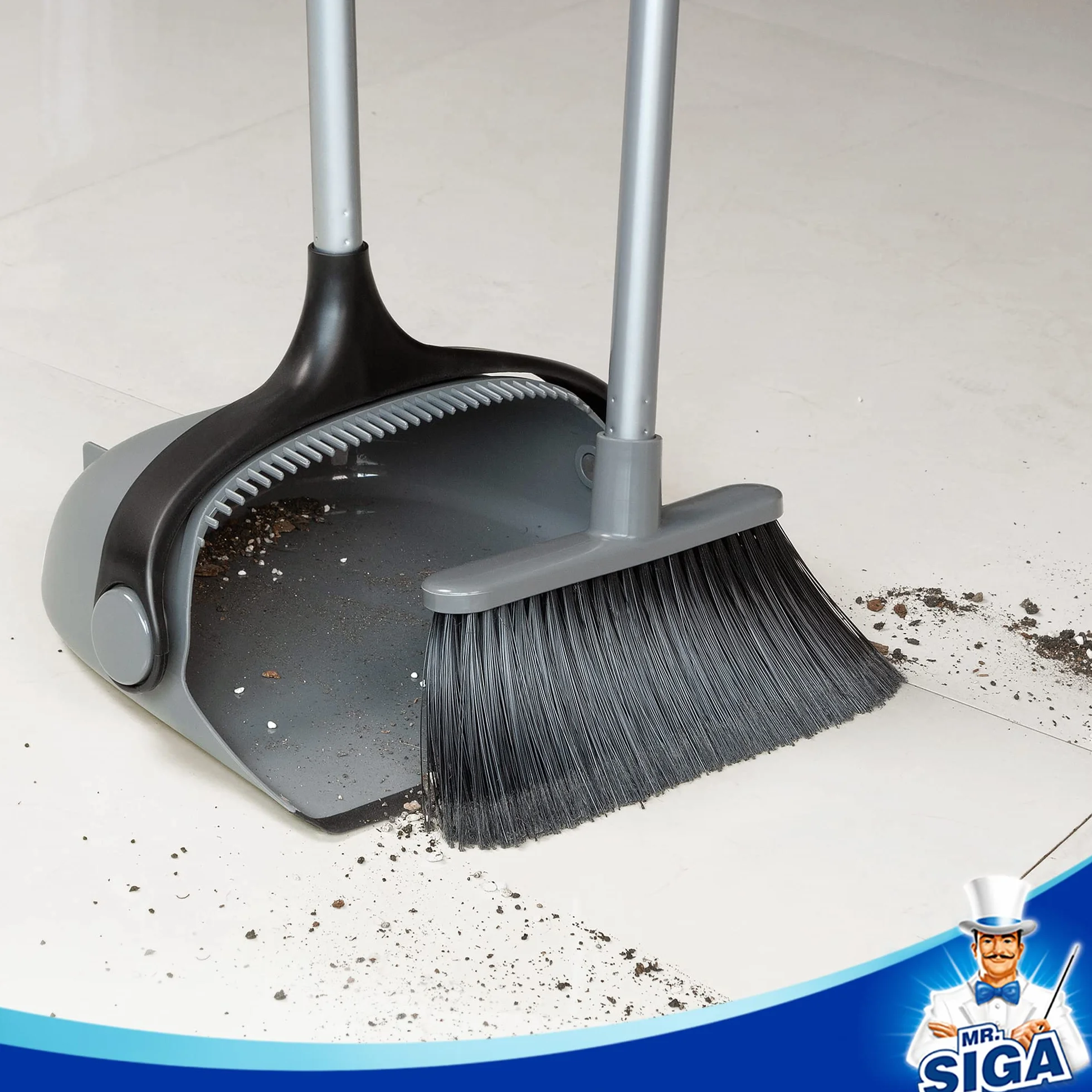 MR.SIGA Juego de Escoba y recogedor de Mango Largo, Combo de barredora Vertical y recogedor para Limpieza de Pisos, Gris