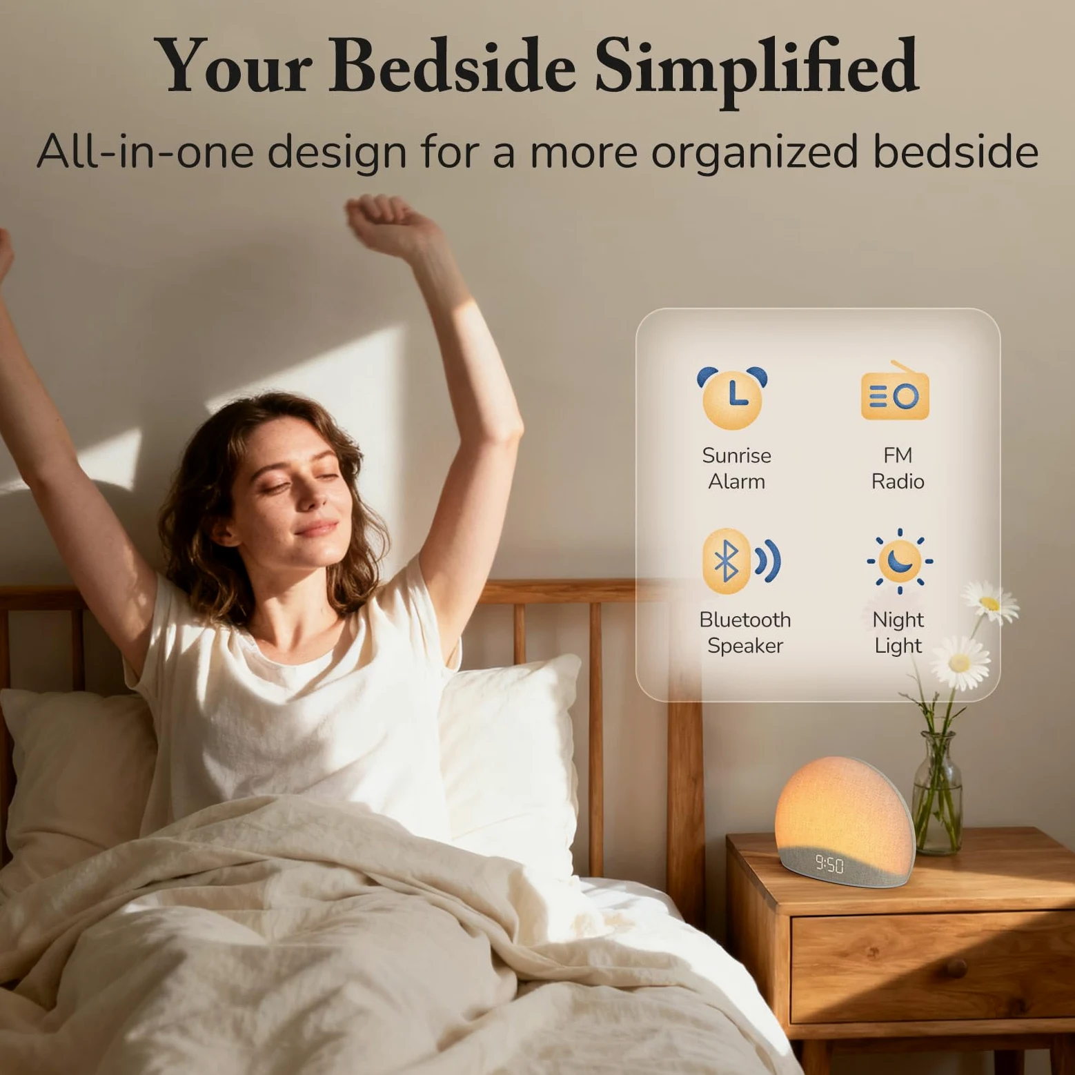 HOUSBAY Reloj Despertador Sunrise: Despierta naturalmente con luz de Amanecer, Radio FM y Altavoz Bluetooth, luz Nocturna Ajustable para Dormitorio