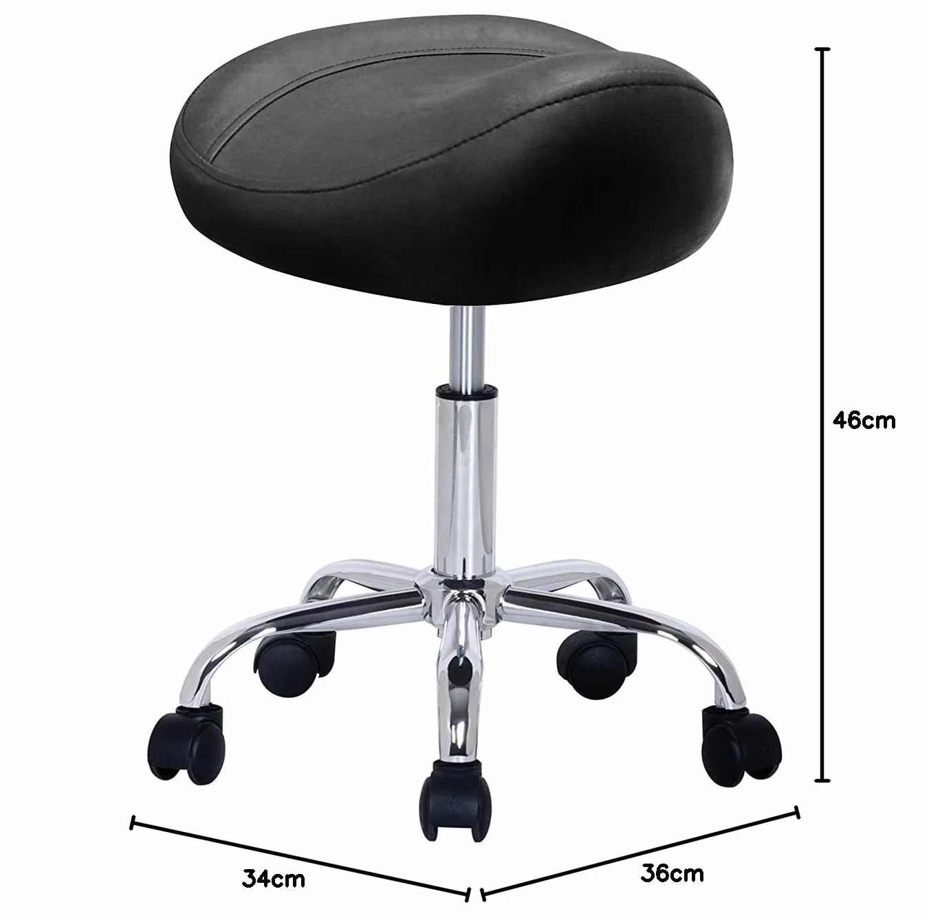 Taburete de Peluquería, Silla de Peluquería, Asiento de Material Cuero Sintético y Diseño Ergonómico, Altura Regulable, Giratorio 360º y Base Estable con 5 Rueditas, Color Negro