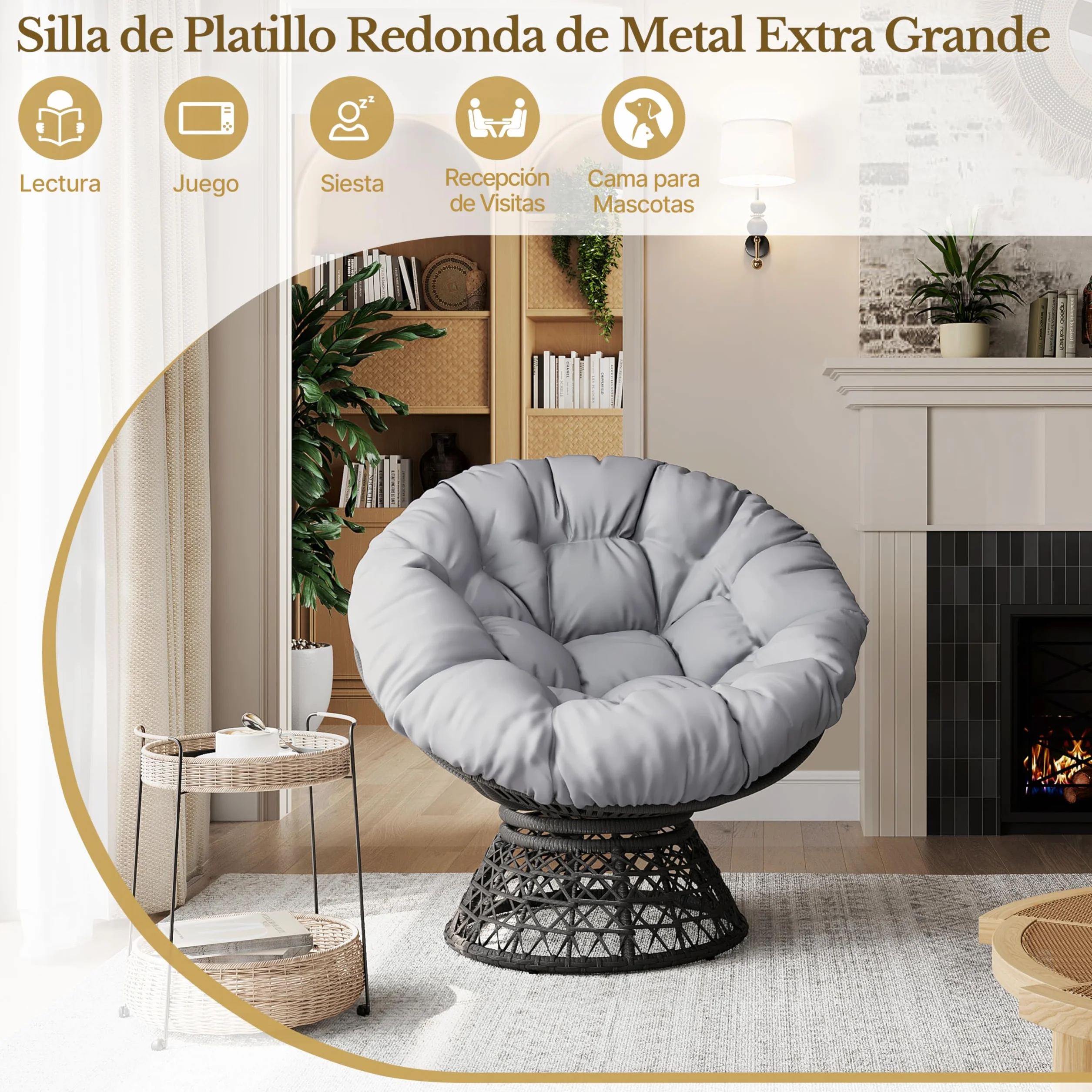 Yaheetech Sillón Papasan Giratorio 360°con Cojín Grueso de un Diámetro 100 cm, Hecho de Ratán Resistente y Adecuado para el salón, Dormitorio y Terraza (Gris)