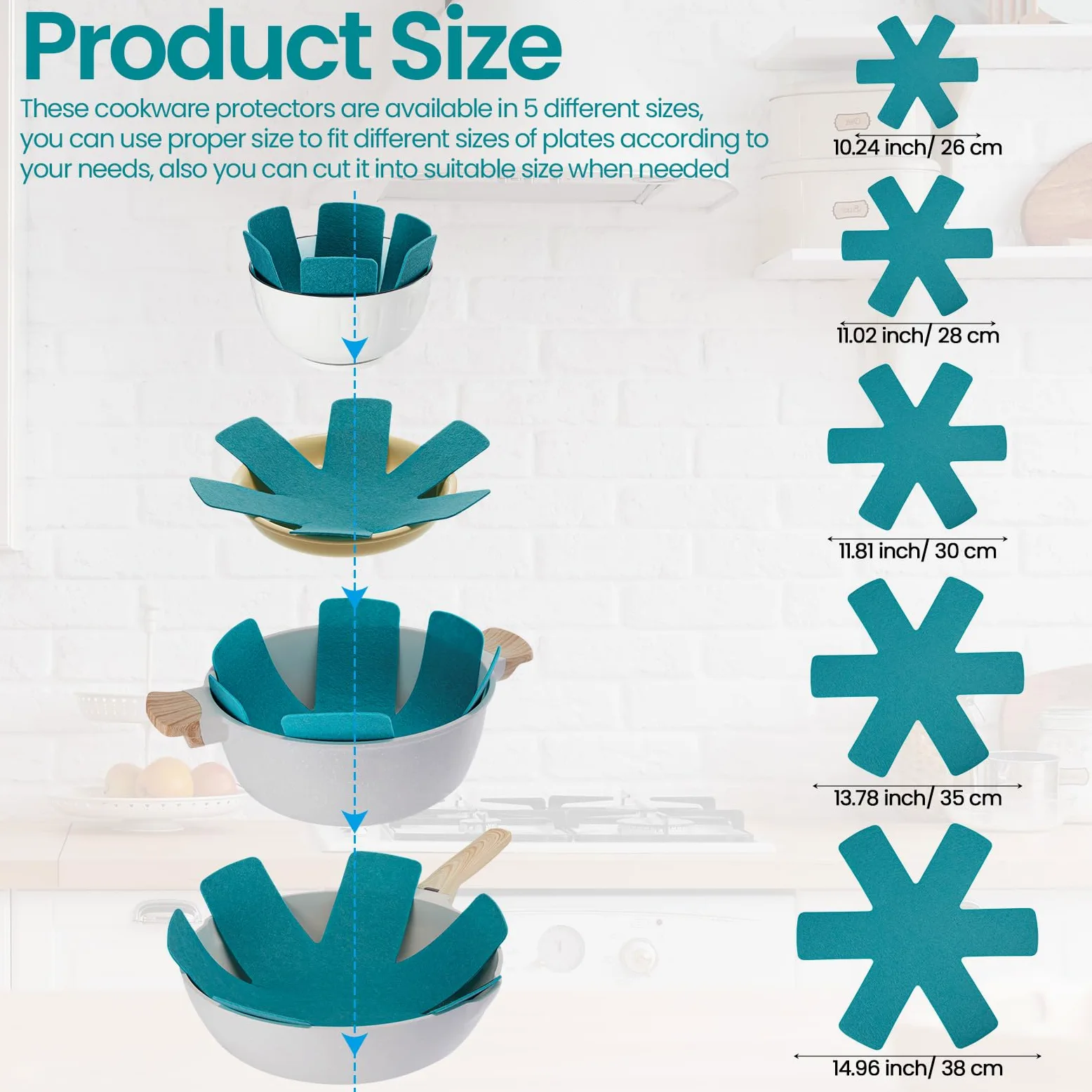40 protectores de ollas y sartenes, 5 tamaños diferentes, protectores de utensilios de cocina, separadores de ollas, almohadillas separadoras apilables para proteger y separar sartenes (azul lago