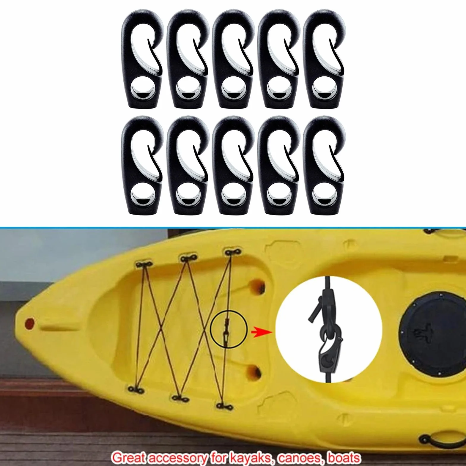 Gancho de plástico negro para barcos, gancho de cuerda elástica, accesorios para kayak