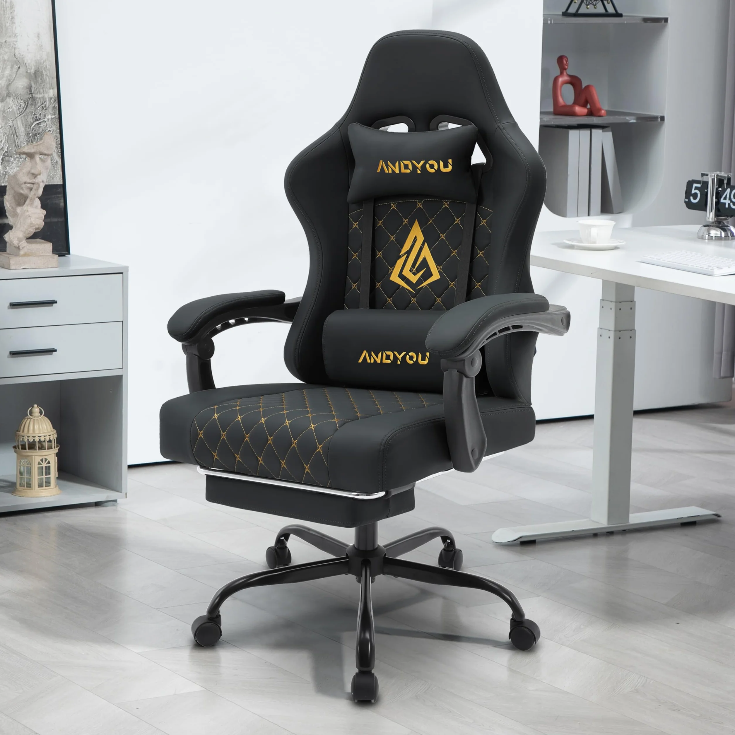 Andyou Silla Gaming Ergonómica Profesional con Soporte Lumbar - Silla Gamer para Adulto, Giratoria y Reclinable con Reposapiés Ajustable y Tela Transpirable, Soporte 150 kg para Oficina y PC
