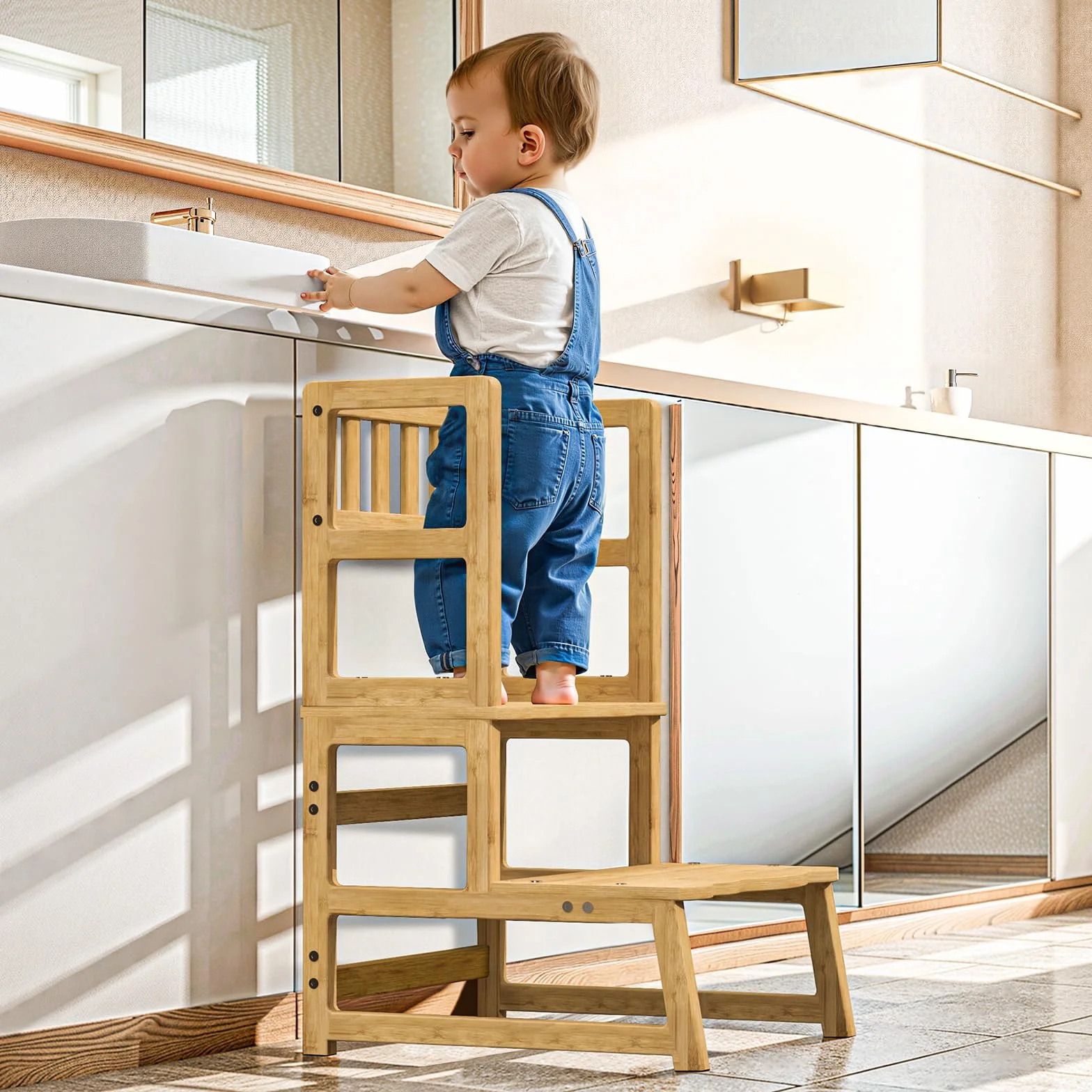 COSYLAND Taburete de Niños 2 Peldaños Asas Escalón Infantil 18 Meses Natural