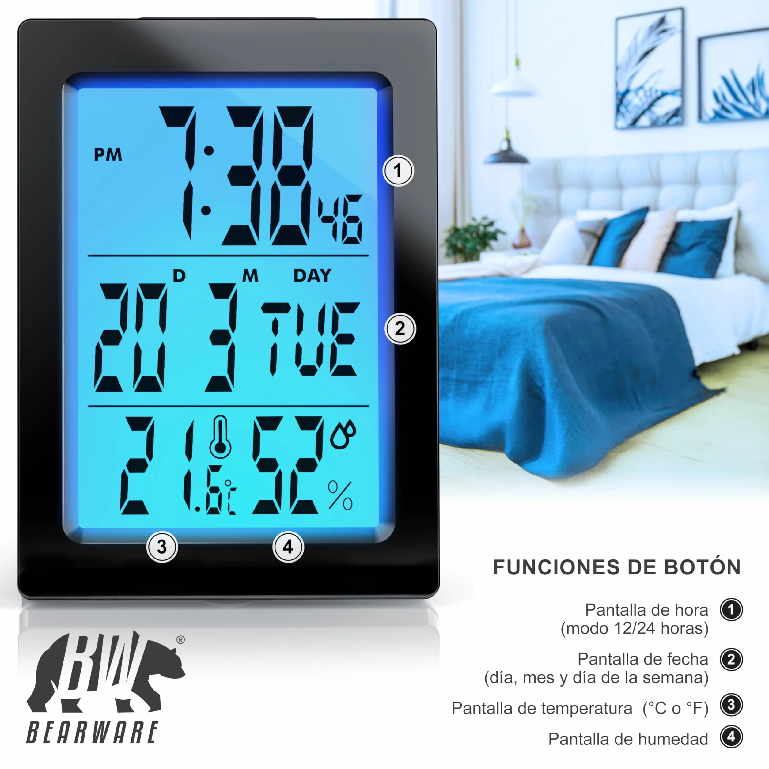 Reloj Despertador Digital con 9 cm Pantalla LED de Temperatura Humedad Fecha y día, Alarm Cloc Snooze Termómetro Formato 12/24 horas, Reloj digital de Mesa de Viaje para Sala de Oficinas Familiares