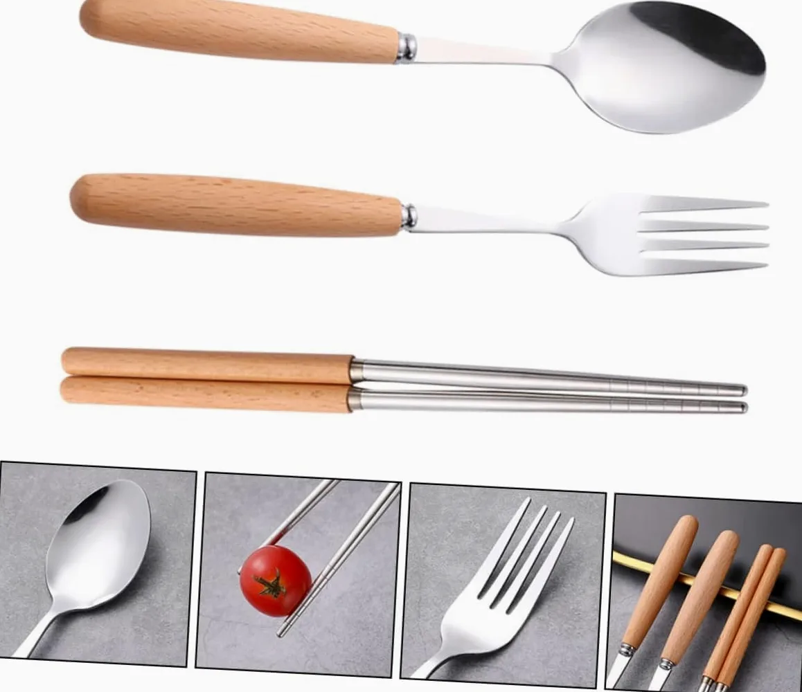 Juego De 3 Tenedores De Cena, Cubiertos De Acero Inoxidable, Cuchillo, Tenedor, Cuchara, Mango De Madera, Juego De Cubiertos para Cocina Y Postre,