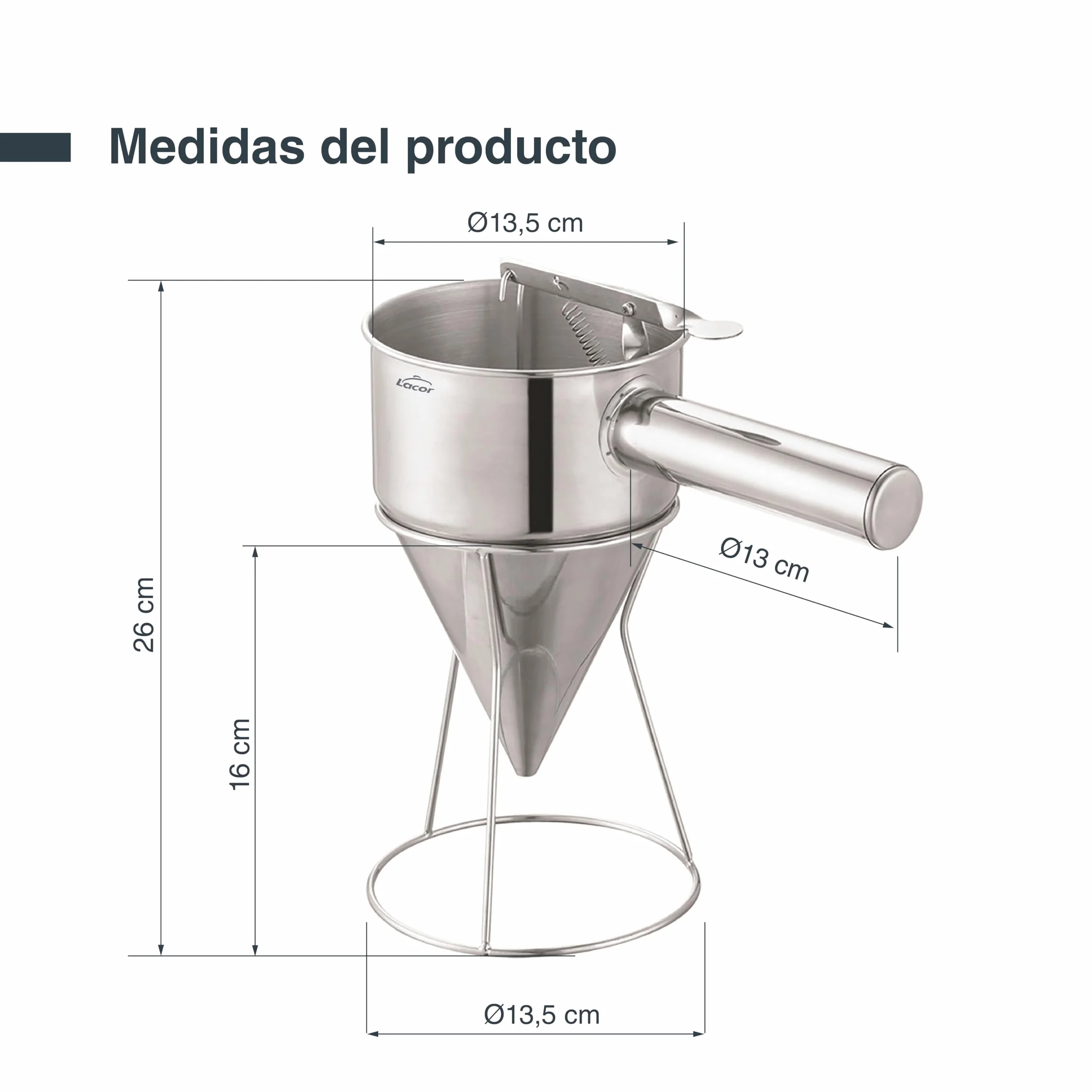 Lacor - 67151 - Embudo Dosificador, Ideal para Rellenar o Decorar, Acero inoxidable 18/10, Mango Ergonómico, Boquilla de Salida 8 mm, Capacidad 1.25 Litros, Apto para el Lavavajillas, Incluye Soporte