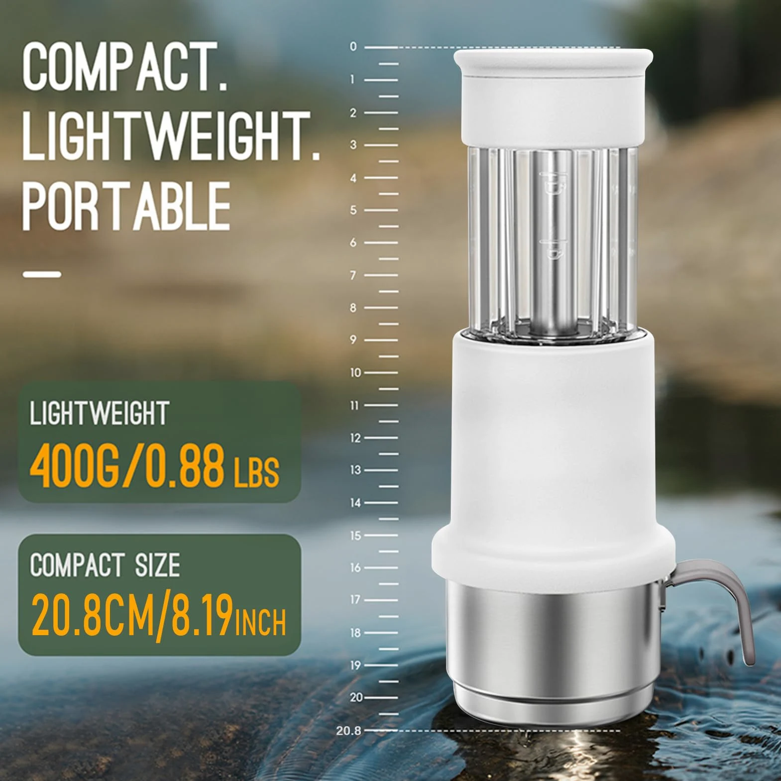 Compacta Prensada a Mano con Tanque de Agua de 80 Ml y Taza 120 Ml, Portátil para Caminatas y Viajes, Prensa Manual para un Auténtico Sabor a (Blanca)