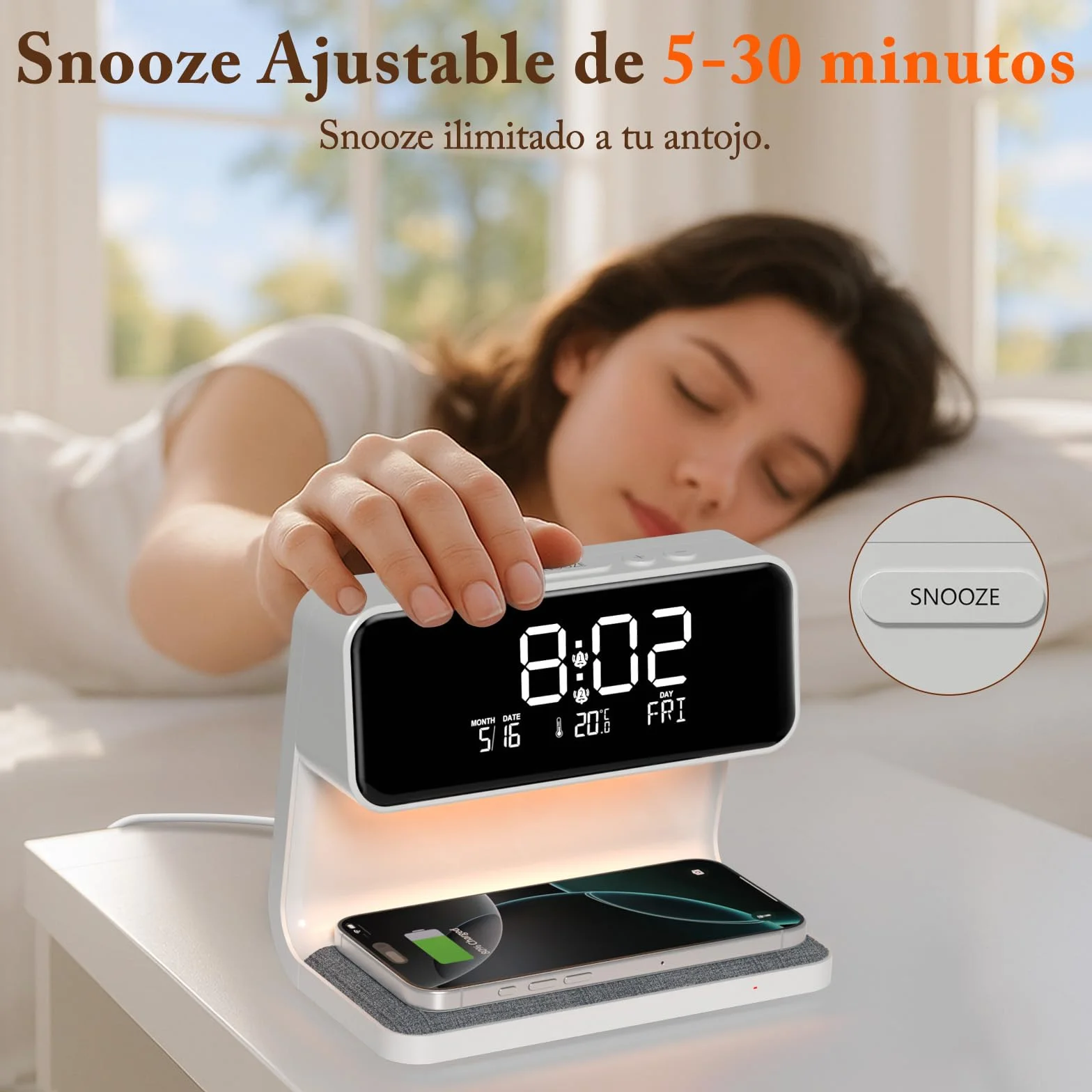Despertador Digital, Reloj Despertador con Cargador Inalámbrico 15W, LED Pantalla Temperatura/Fecha/2 Alarmas/Snooze Ajustable/12/24H, Despertador Luz con Control Táctil para Infantil Adultos