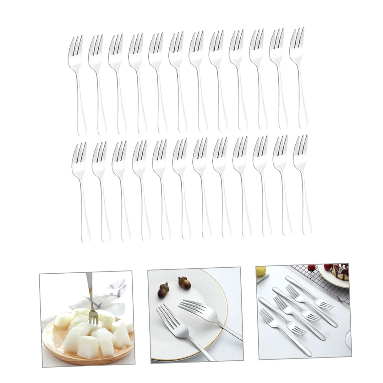 Tenedor de Postre de Acero Inoxidable, 24 Piezas, Plata | Juego Versátil y Cómodo, Formato Pequeño Portátil, Adecuado para Fruta y Mesa