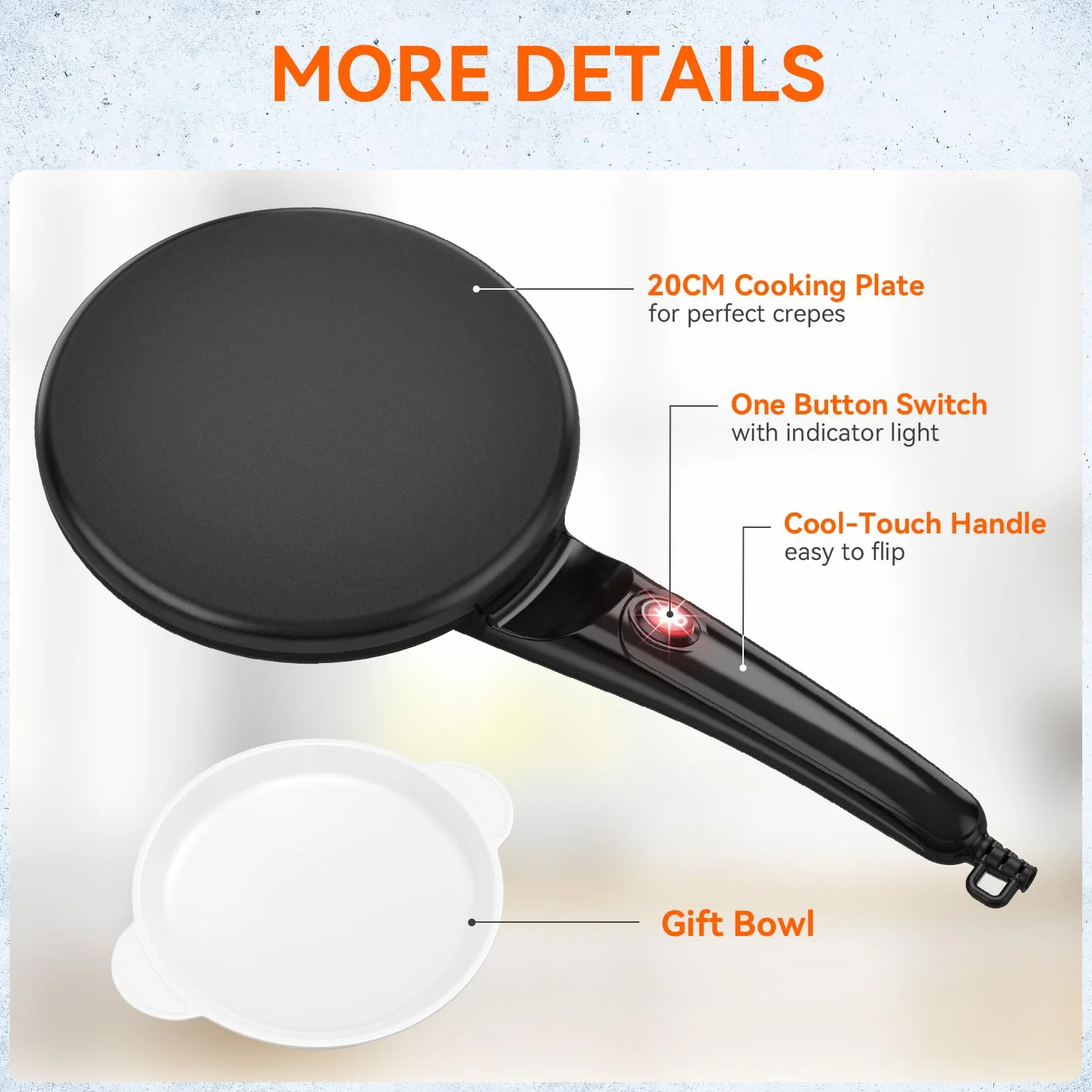 SNAILAR Crepera, 800W Crepera Electrica con Mango, Revestimiento Antiadherente, Superficie Calentada de 20 cm de Diámetro, Incluye Cuenco de Comida, Fácil de Manejar y de Limpiar