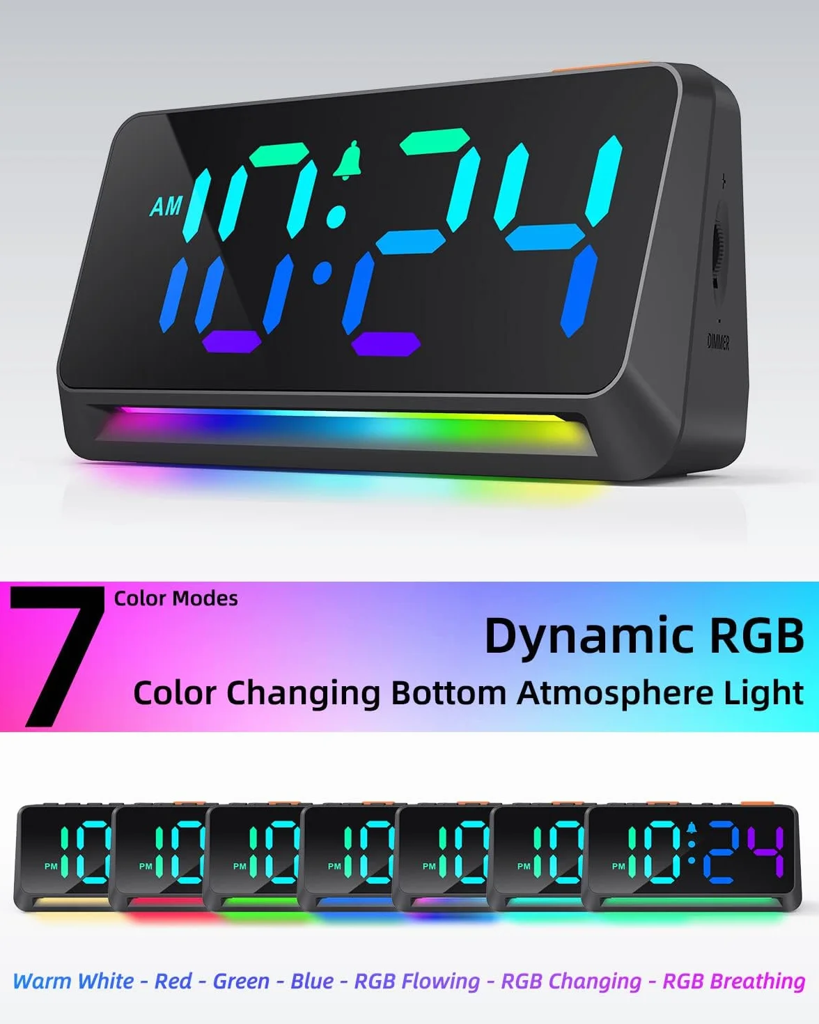Despertador digital con números grandes, despertador digital con pantalla RGB, reloj digital extra con brillo ajustable, alarma fuerte, despertador enchufable con luz nocturna, puerto de carga