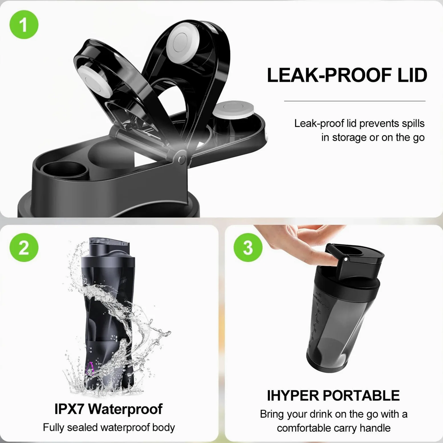 Licuadora portátil: motor de alta potencia de 360 W, batería de larga duración de 6000 mAh, batidora de viaje de 652.0 g con hoja antiatascos, sin BPA para batidos y trituración de hielo 【Negro】
