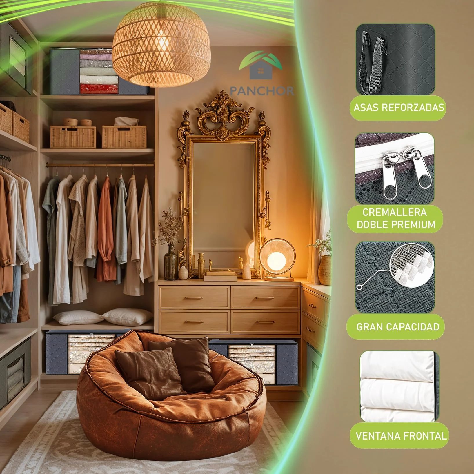 SUPER Organizador Armario | Cajas Almacenaje Ropa PORTÁTIL | PACK DE 3 con 35L | Cajas Almacenaje Ropa PLEGABLE | Bolsas Almacenaje Ropa con Asa Reforzada | para Guardar Ropa, Abrigos, Mantas