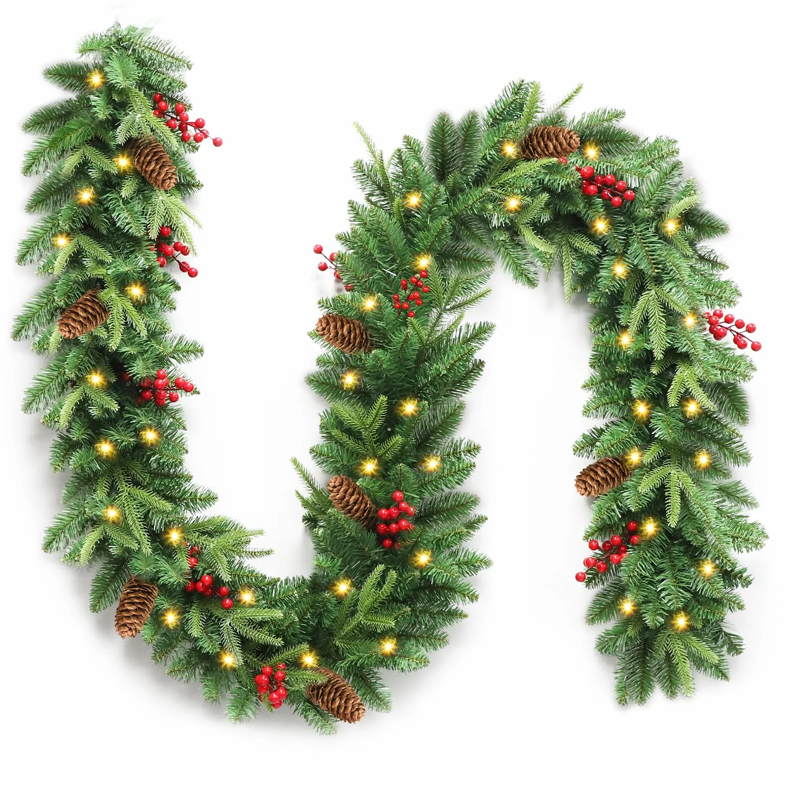 Guirnalda Navidad, 2.7M Guirnalda Navidad con Luces y 260 Puntas de Ramas, Guirnalda Navideña Impermeable con 30 LED y Temporizador para Escaleras, Chimenea, Puerta, Decoración de Interior/Exterior