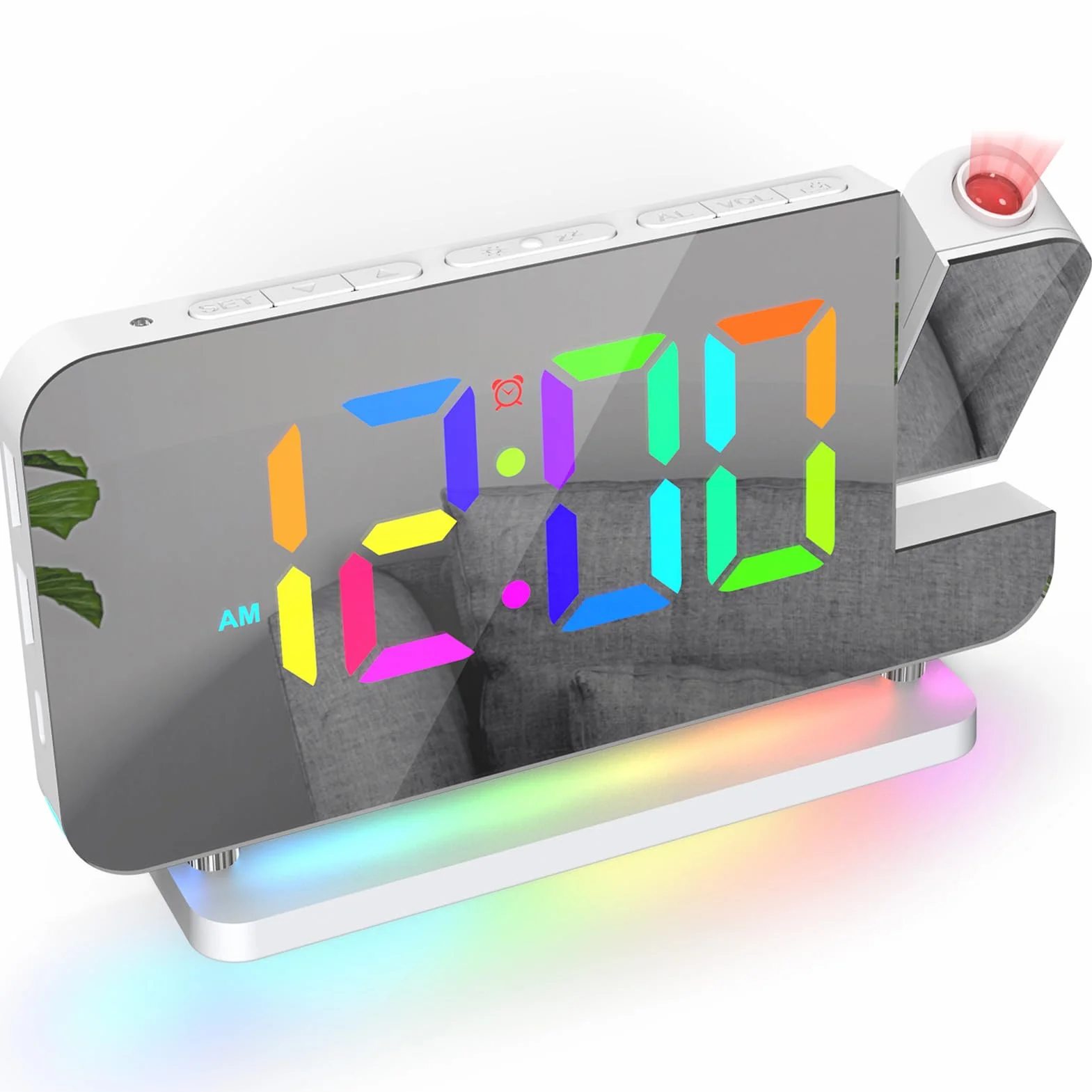 ThreeH Reloj Despertador Proyección LED RGB Colorido Reloj con Superficie de Espejo Auto Dimming Voleme Ajustable Doble USB Puertos de Carga Luz Nocturna Blanco