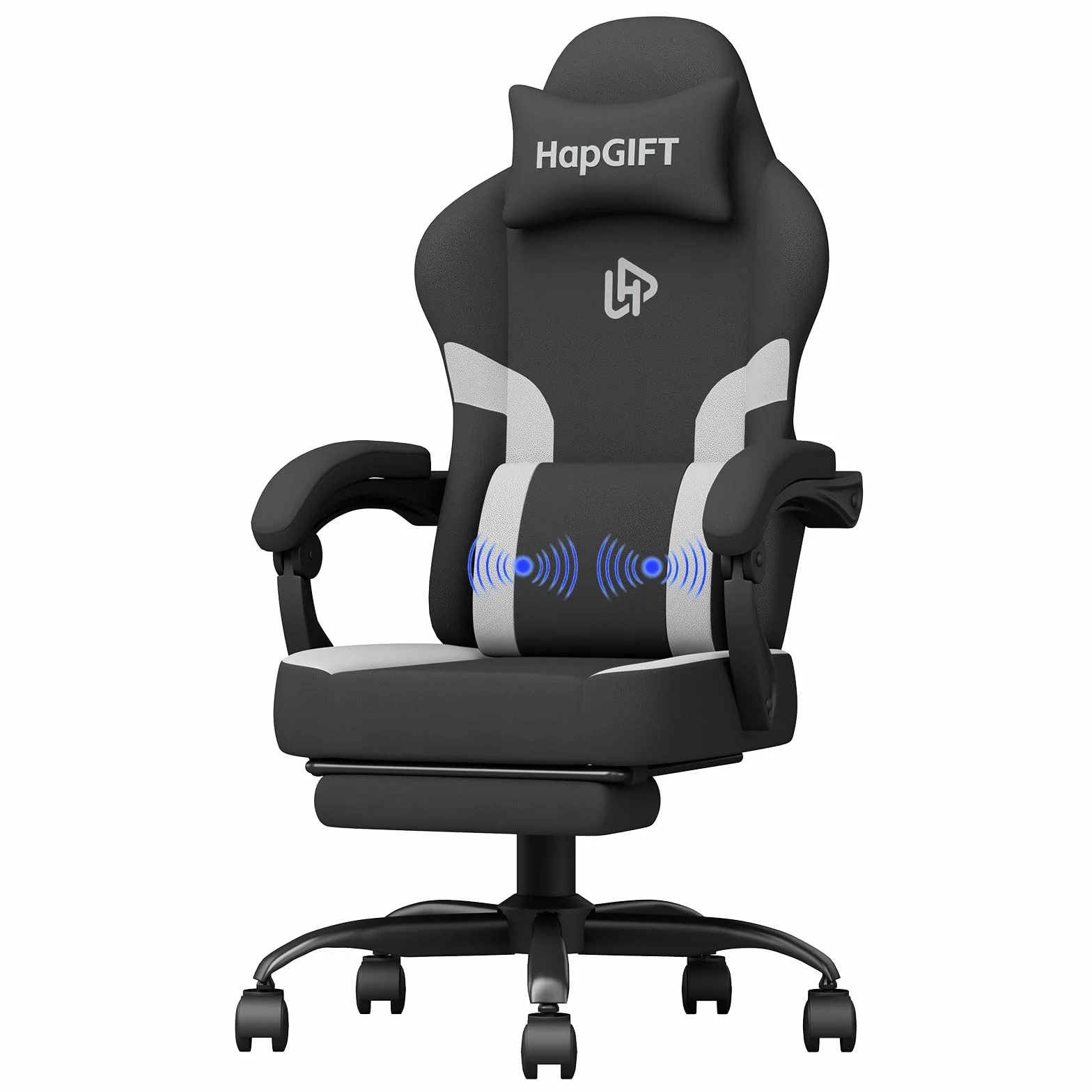 HapGIFT Silla Gaming Ergonómica Reclinable con Masajeador, Silla de Juegos con Reposacabezas y Reposapiés, Asiento Gaming Altura Ajustable, para Adultos, 150 kg, (Gris)