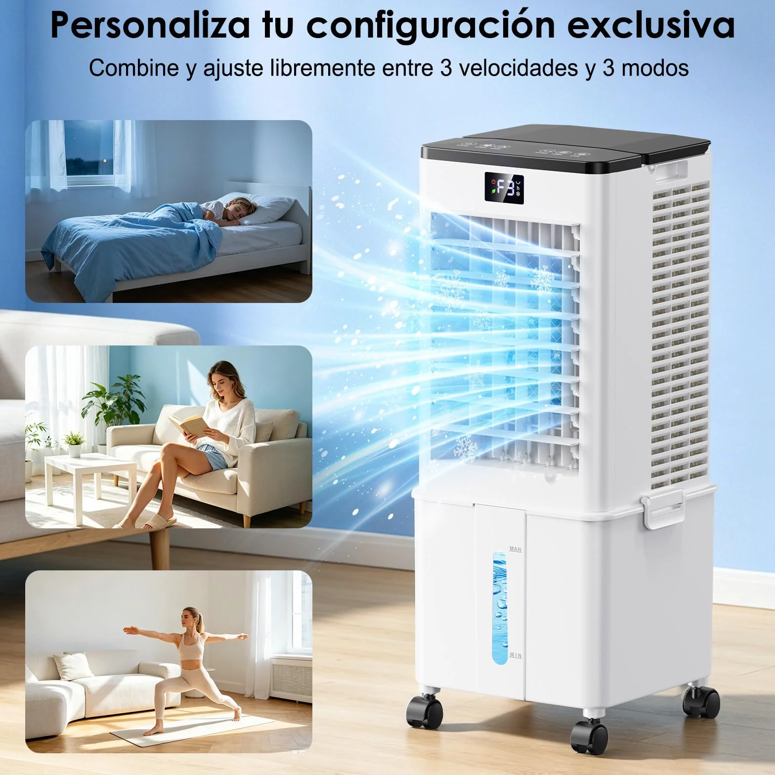 Aire Acondicionado Portátil 10L, Enfriador de Aire Evaporativo 4 en 1, Climatizador con 4 Modos y 3 Velocidades, Temporizador 1-12H,120°Oscilación Automática y para Hogar y Oficina（Blanco Mate）