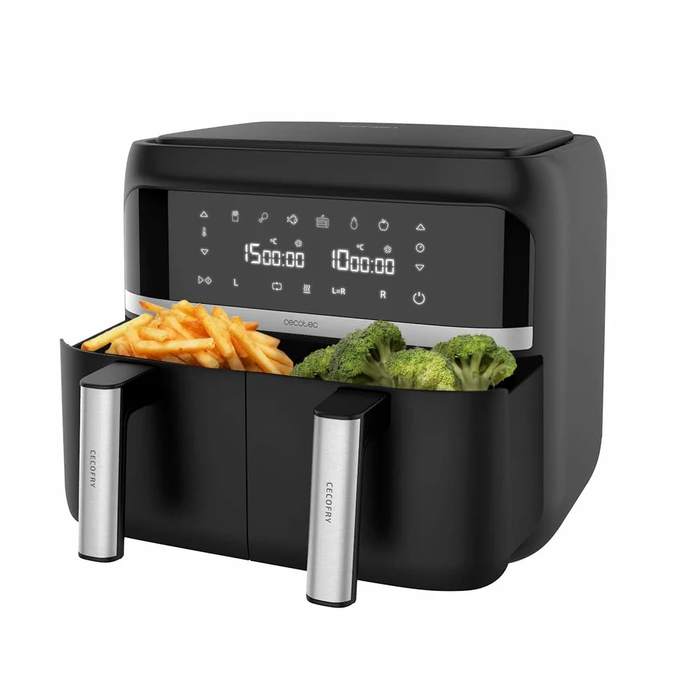 Cecotec Freidora sin Aceite 9 L de Aire Caliente Cecofry Advance Double. 2850 W, Dietética, Compacta y Digital, 2 Cestillos con Temperatura dual y Tecnología PerfectCook, Temporizador