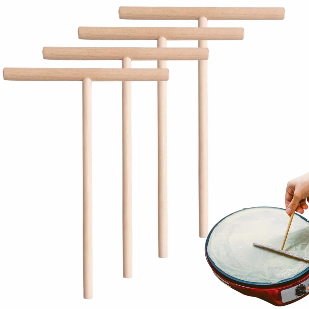 madera en forma de T barra de crepe esparcidor de panqueques herramienta, 4 Piezas, de Cocina Esparcidor para Pancake Crepes Tortillas, Madera en Forma de "T", Color de madera original, 17 * 12CM