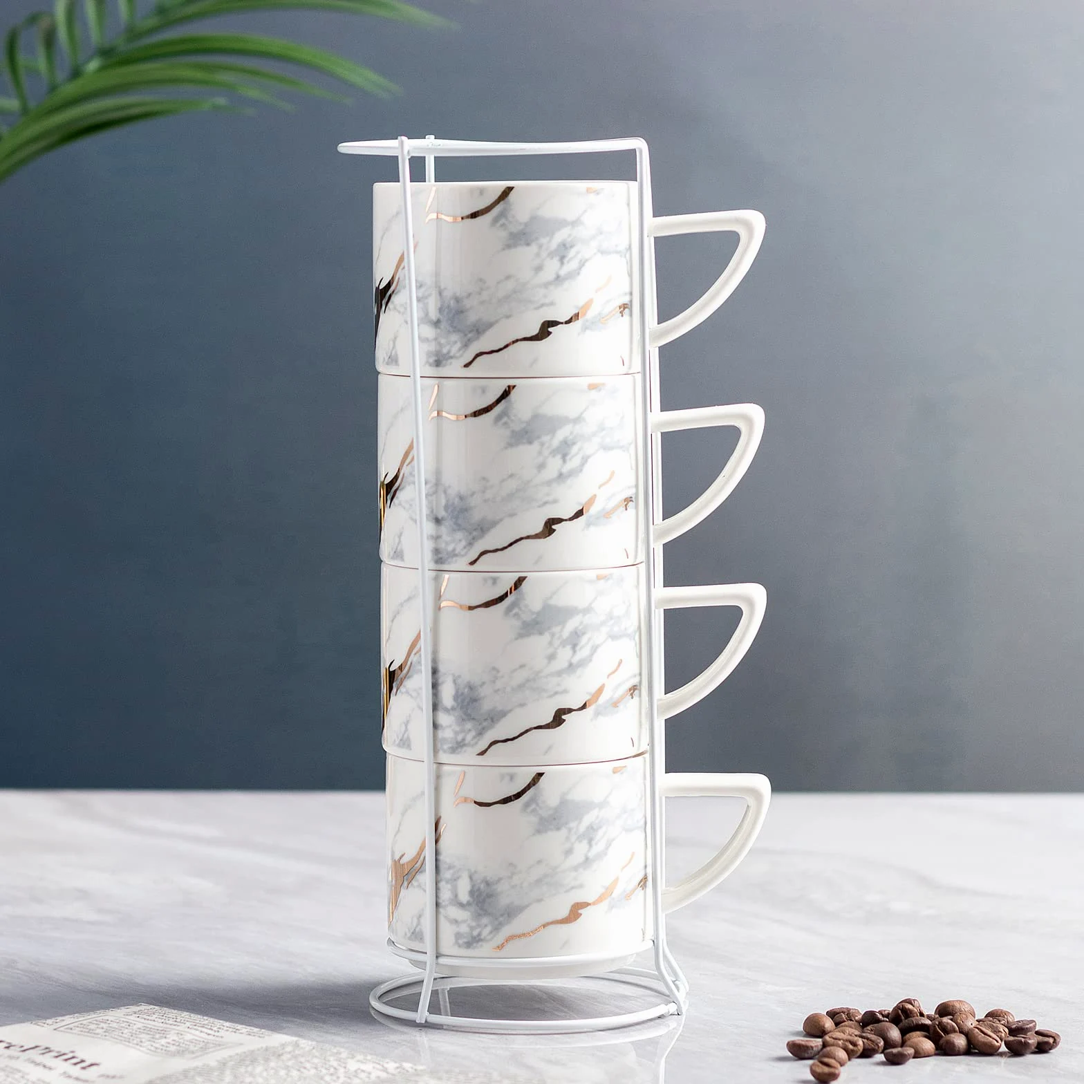 Juego de 4 tazas de porcelana para capuchino de 200 ml con soporte cromado