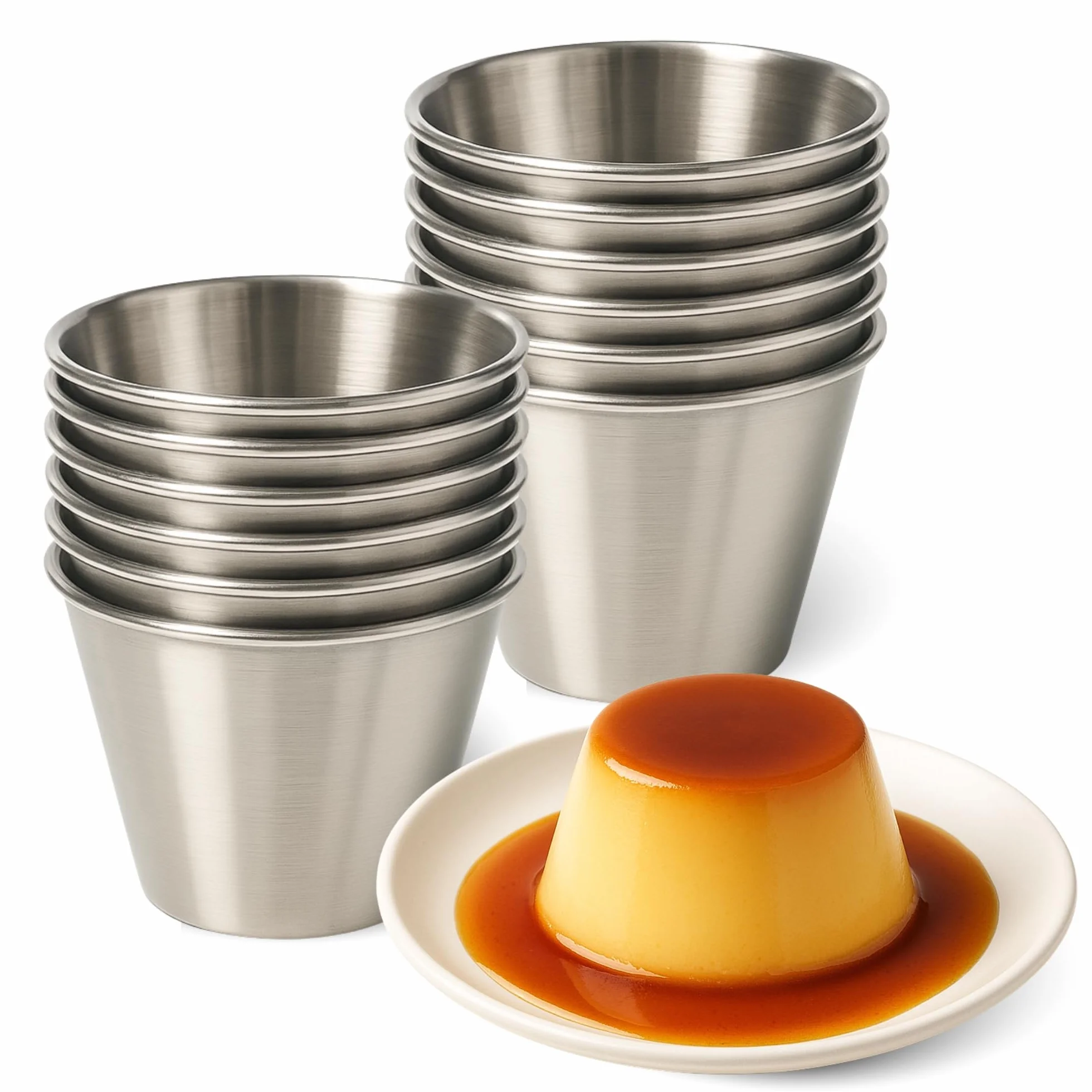 Flaneras Individuales, Molde para flan Molde Repostería, Antiadherente, Acero Inoxidable, Ideal para Flan, Postres, Salsa, Repostería y Cocción al Baño María, 7 cm Diámetro x 4.7 cm alto, 12 unidades