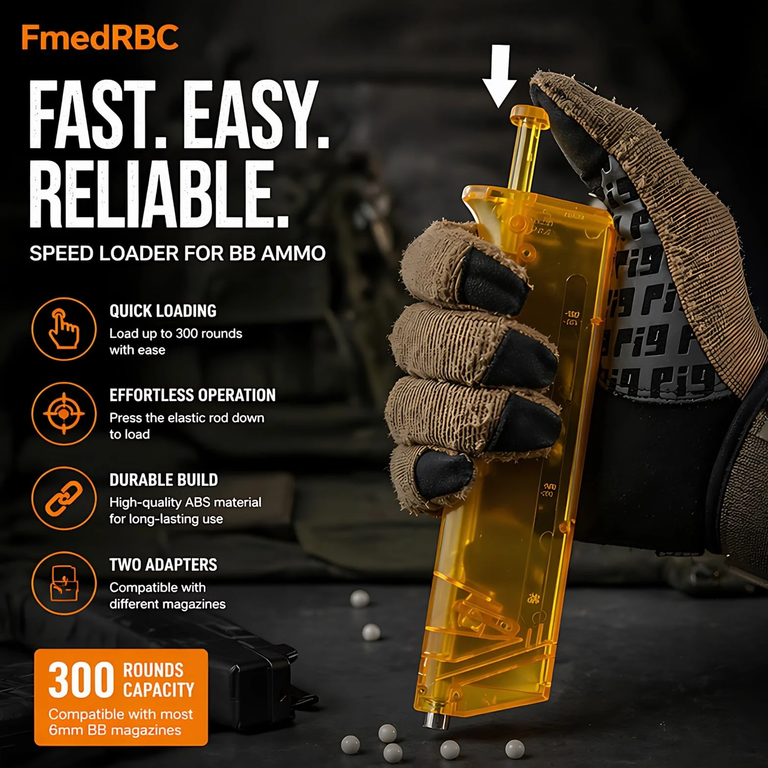 BB Speed Loader 300 rondas de gran capacidad, cargador de cargador Airsoft con 2 adaptadores, cargador rápido ABS de alta resistencia para BBs de 6 mm, cargador rápido manual compatible con M4