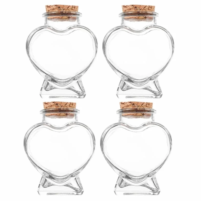 IMIKEYA 4 botellas de cristal en forma de corazón: pequeñas botellas de vidrio decorativas con corcho, botellas de 50 ml en forma de corazón para rellenar, botellas de deseos para bodas, San Valentín