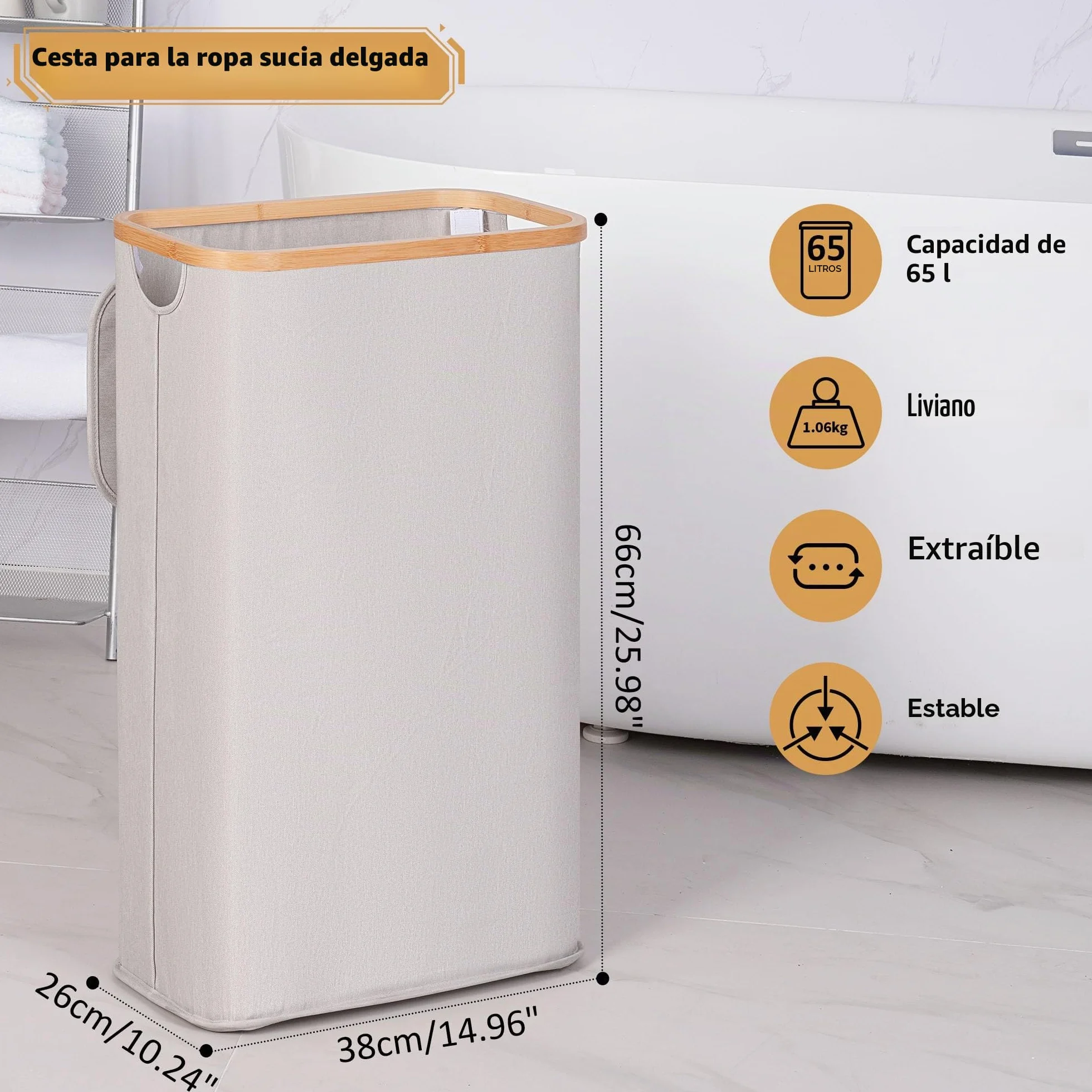 Cesto Ropa Sucia Bambú 60L con Tapa, Cesta Delgado con Bolsa Interior Extraíble, Laundry Basket Plegable para Lavadero Dormitorio Gris claro