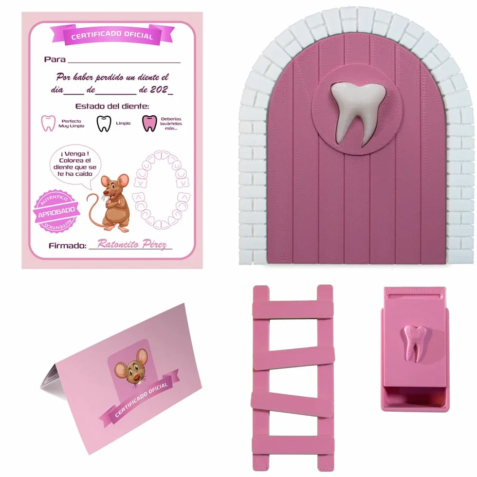 Myfuturshop® Puerta infantil para dejar dientes de leche al Ratoncito Perez. Regalo Original para niño y niña. contiene Caja para los dientes, Escalera y 4 certificados de Diente Limpio. (Rosa)