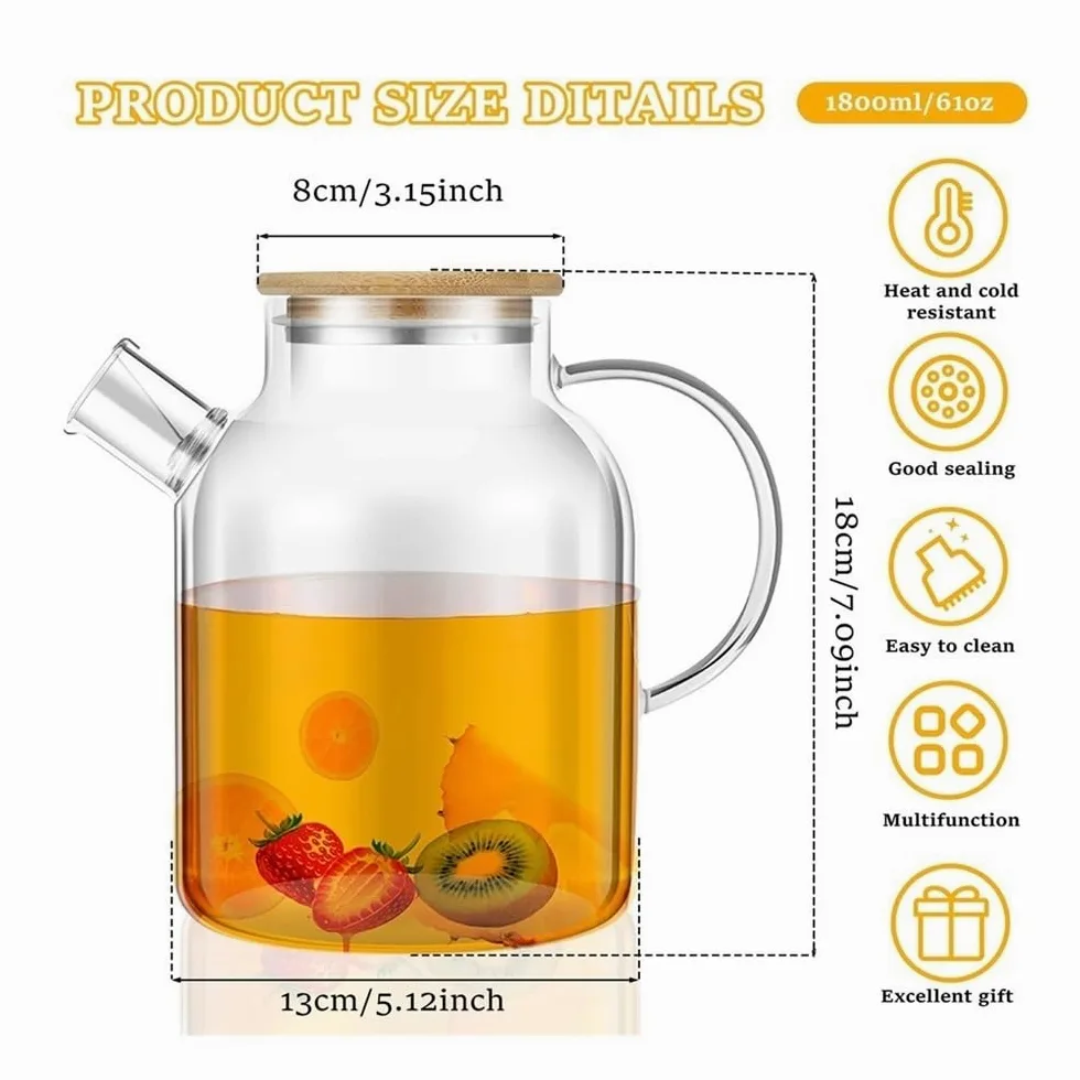 Jarra de agua Jarra de vidrio con tapa de bambú, 1800 ml, resistente al calor, con asa, ideal for bebidas frías y calientes Olla de vidrio