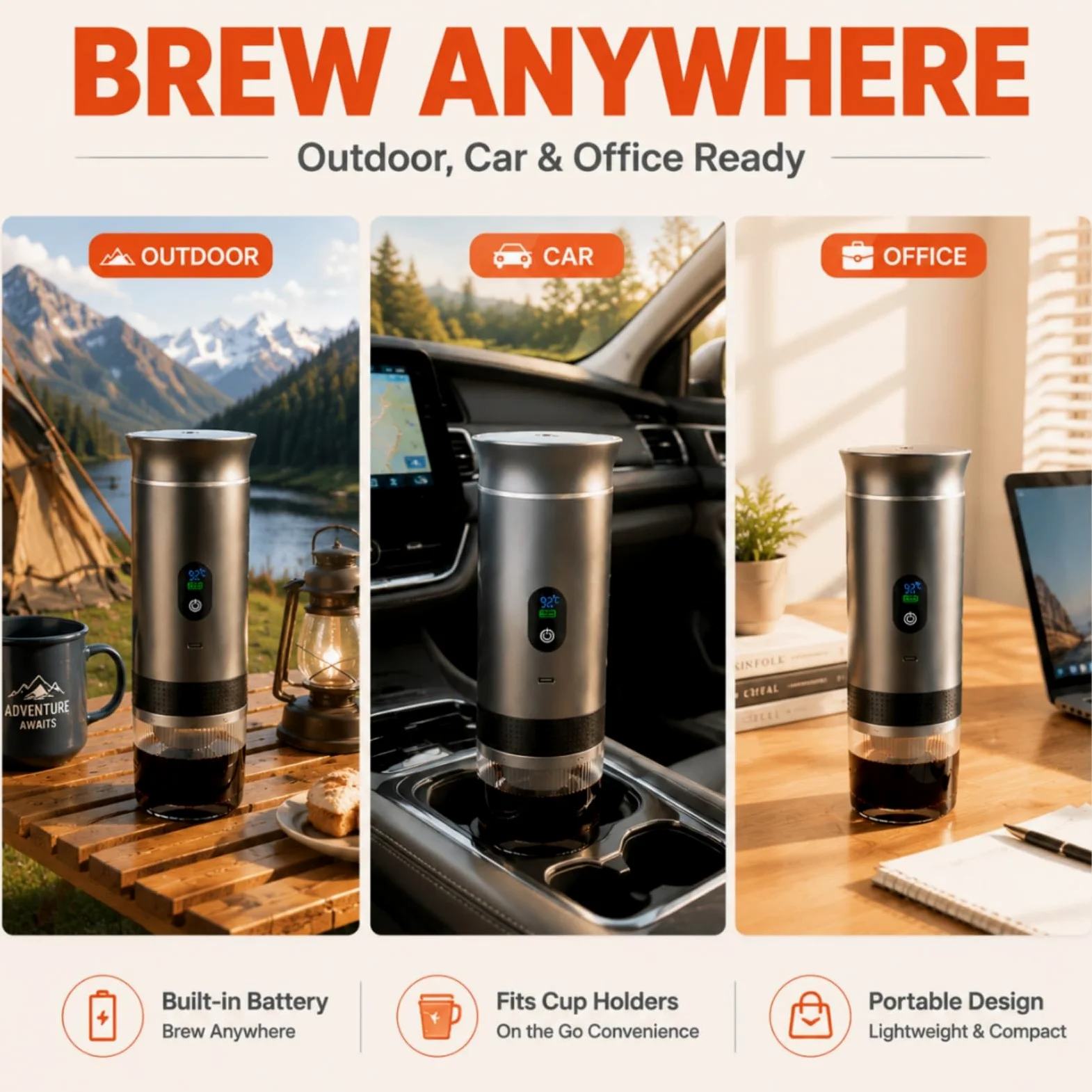 Cafetera portátil con autocalentamiento, 3 en 1, recargable, para coche, camping, viajes, compatible con cápsulas y café en polvo, gris