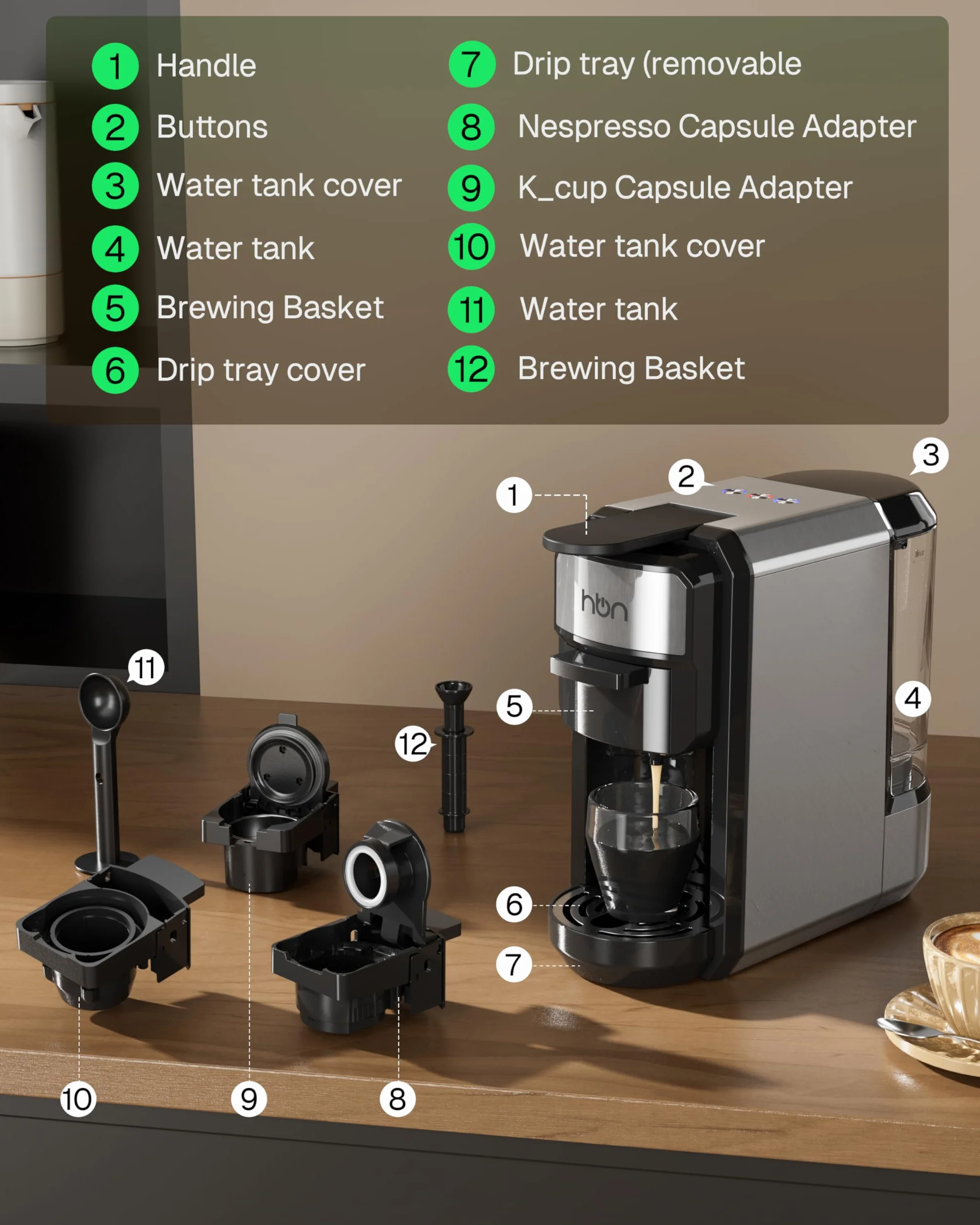 HBN 3 en 1 cafetera multicafetera de un solo servicio, para cápsulas K-Cup y café molido, máquina de elaboración programable de un solo toque, tanque de agua extraíble de 0,6 l, 19 bar, calor rápido