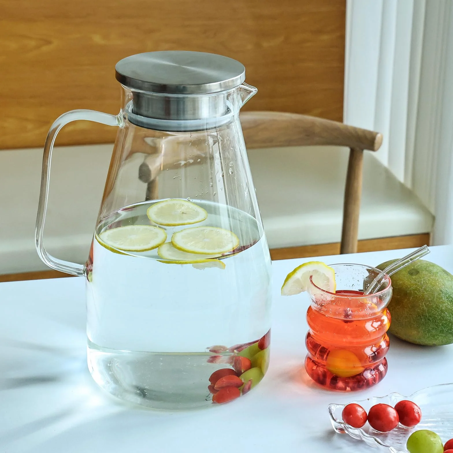 Jarra de vidrio con tapa, jarra de agua de vidrio de 1 galón, jarra de agua caliente/fría, jarra de jugo y té helado con tapa (boca extra ancha)