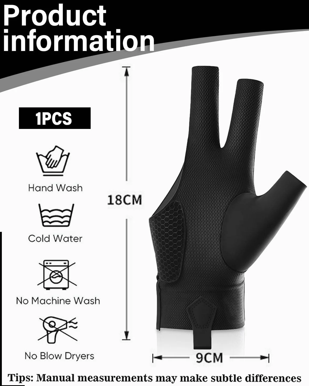 Guantes de Billar Transpirables y Antideslizantes - Abiertos de Tres Dedos, Ajustables, Para Snooker y Taco de Billar, Mano izquierda, Color Negro,1pcs