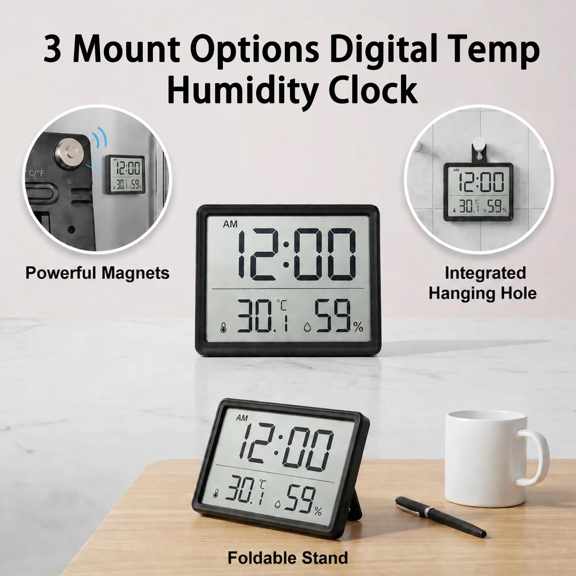 Termohigrómetro Digital LCD, Reloj Despertador con Medidor de Temperatura y Humedad, Reloj 12/24H, Conmutable ℃/℉, Funciona con Batería, Monitor de Clima Interior para Oficina, Escuela, Cocina, Hogar