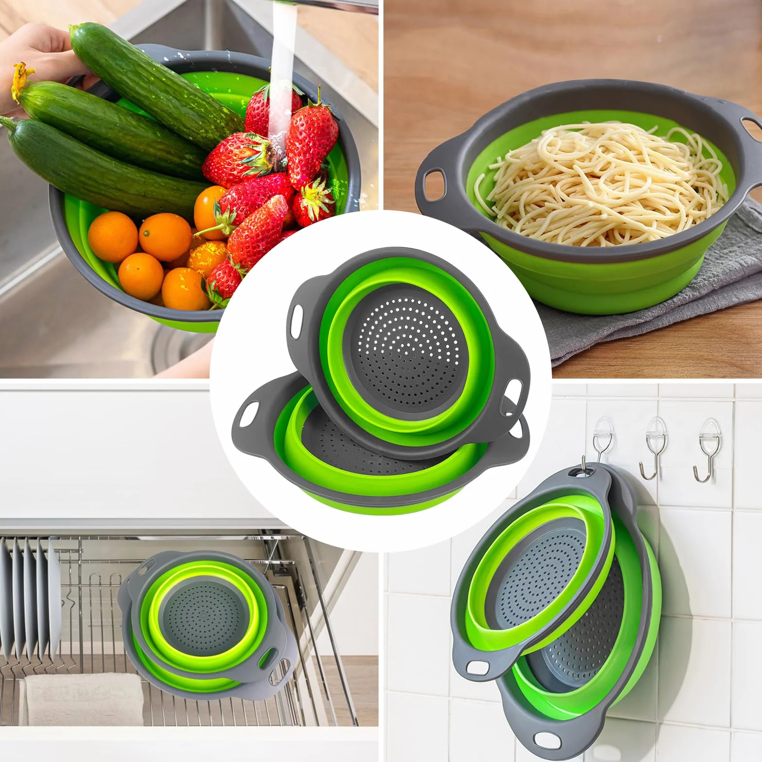 Newpop 2 Piezas Colador de Cocina, 2 Tamaños Escurridor Plegable, Colador Plegable Silicona, Fácil de Limpiar Escurridor de Verduras para Escurrir Pasta, Frutas, Verduras (Verde 25+29Cm)