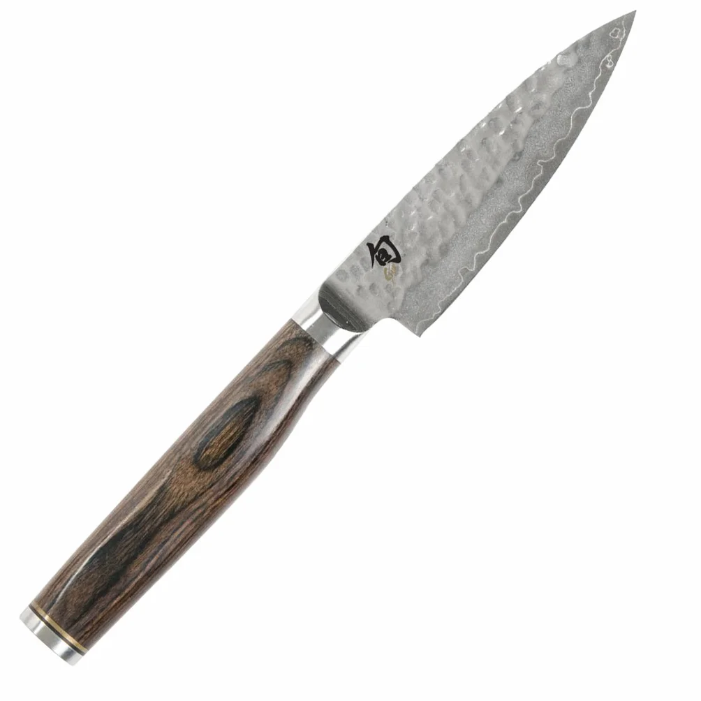 KAI Shun Premier Tim Mälzer Cuchillo de oficina japonés con hoja de 10 cm - Núcleo VG-MAX 61 (±1) HRC, 32 capas de Damasco pulido - Mango de madera de Pakka color marrón medio -Hecho en Japón