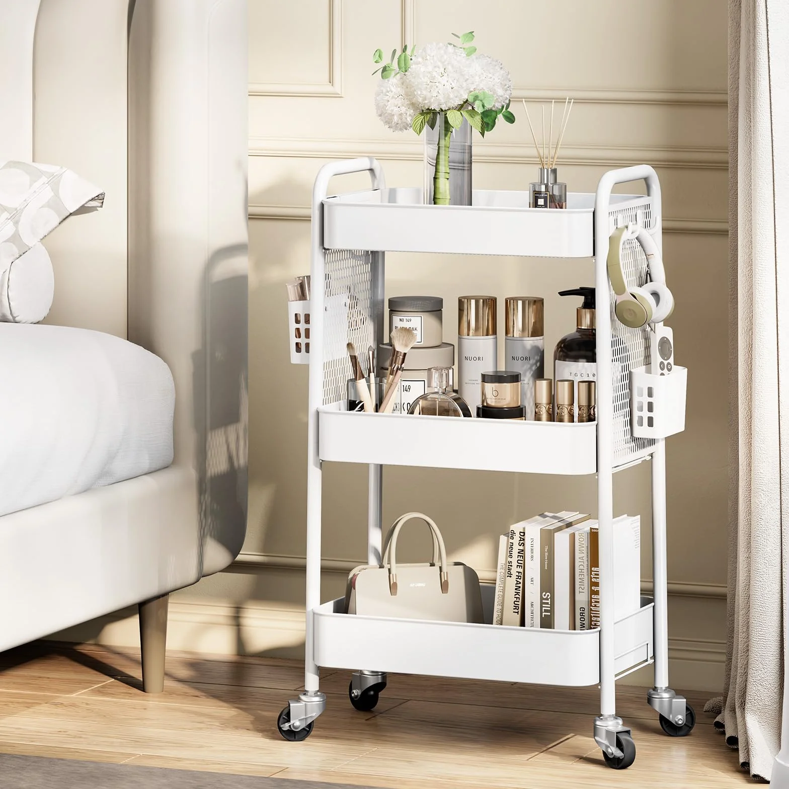 Urackify Carrito de Almacenamiento utilitario para diversas Aplicaciones – Carrito rodante de Metal de 3 Niveles con tableros de Clavijas, cestas y Ganchos para Almacenamiento Adicional en Cocina,
