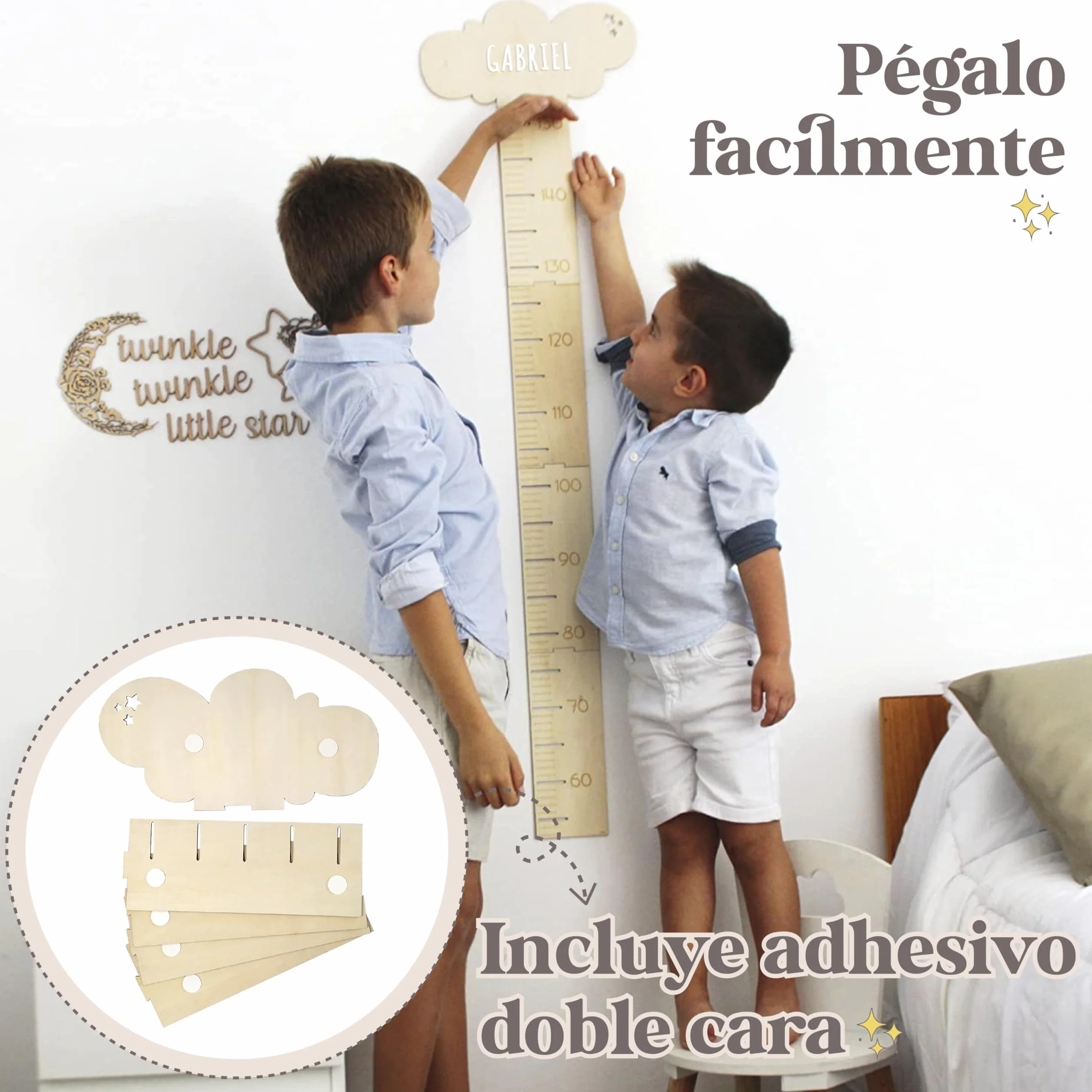 nagu® Medidor Niños Pared Madera Personalizado, Diseño Nube, Regla Altura 63-162 cm, Regalo Infantil