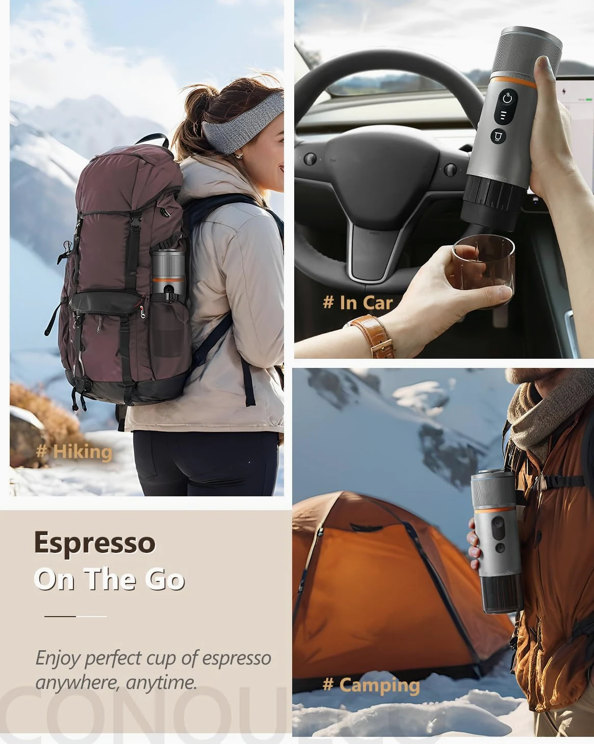 CONQUECO Cafetera Portátil con Cápsula de Espresso - 12V Máquina de Café Electrica con Batería - para Coche Camión y Viajes - Compatible con Cápsulas Originales Nespresso y Cápsula L'or（Blanco）
