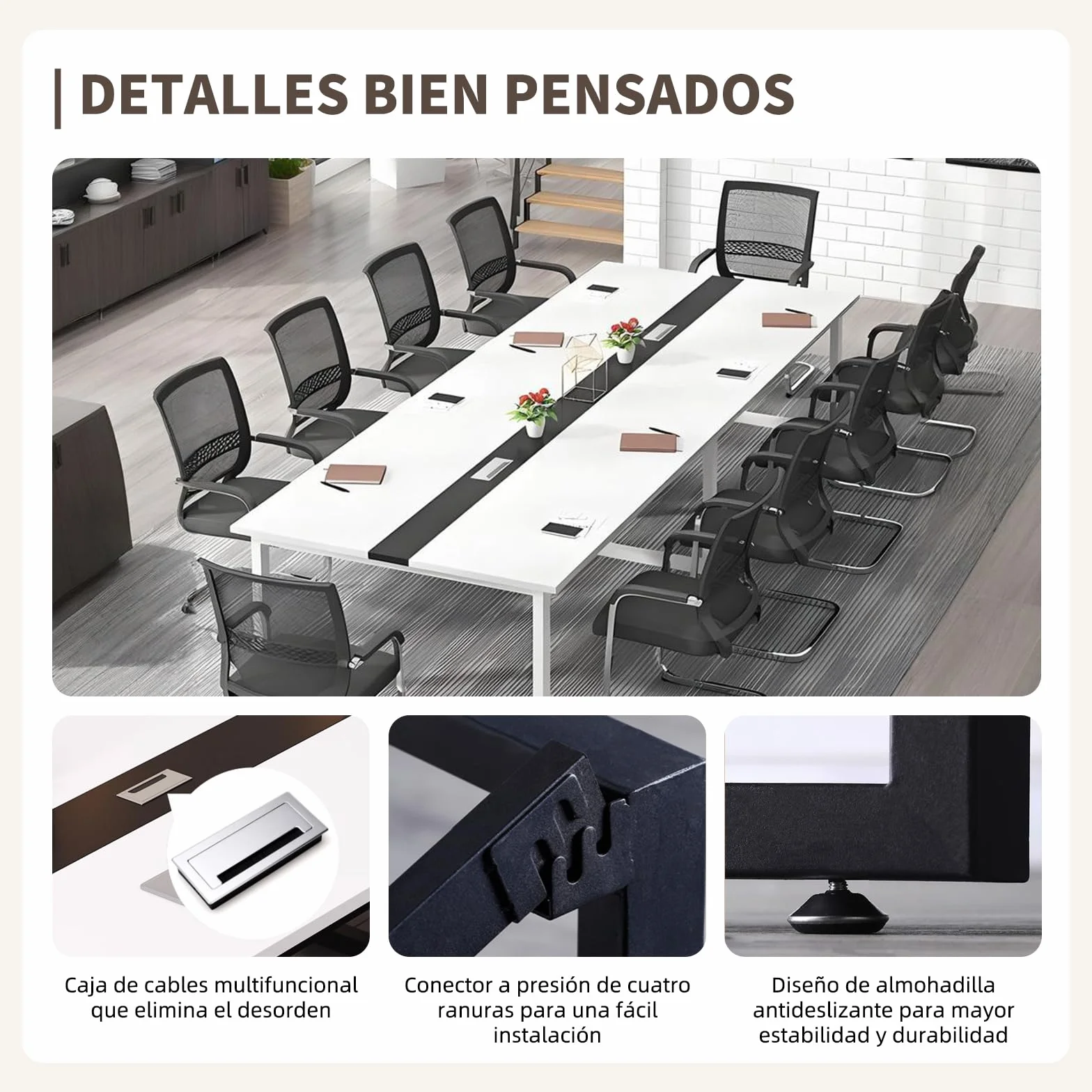 Mesa de Reuniones Grande, Mesa de Conferencias Moderna con Conducto para Cables y Estructura de Metal Negro, Rectangular, para 8-12 Personas, Ideal para Oficina y Sala de Seminarios