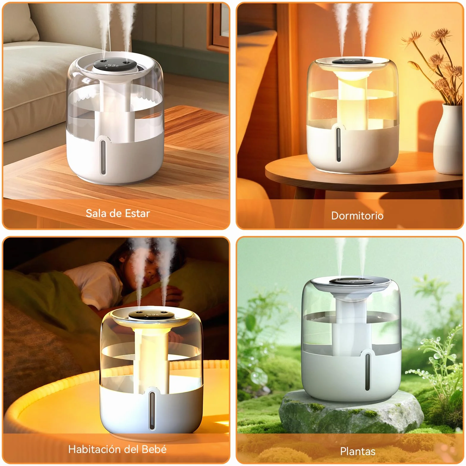 Humidificador 3.8L Top-Fill Silencioso 36dB 30H Autonomía Luz Nocturna Apagado Automático para Bebés y Plantas