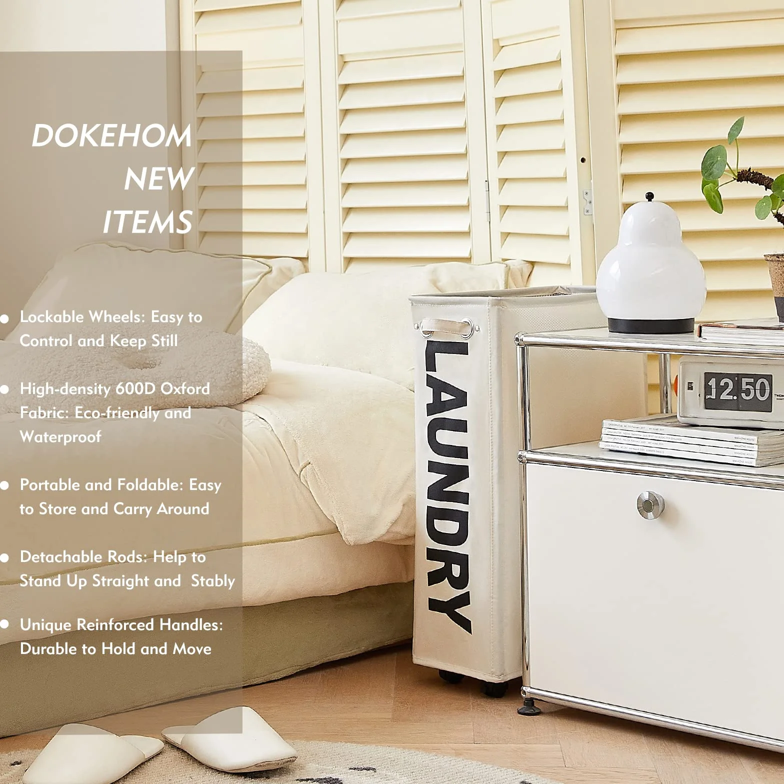 DOKEHOM 25-Inch Slim Cesta de Lavandería con Ruedas, Cesto Colapsable, Almacenamiento Esquina Beige