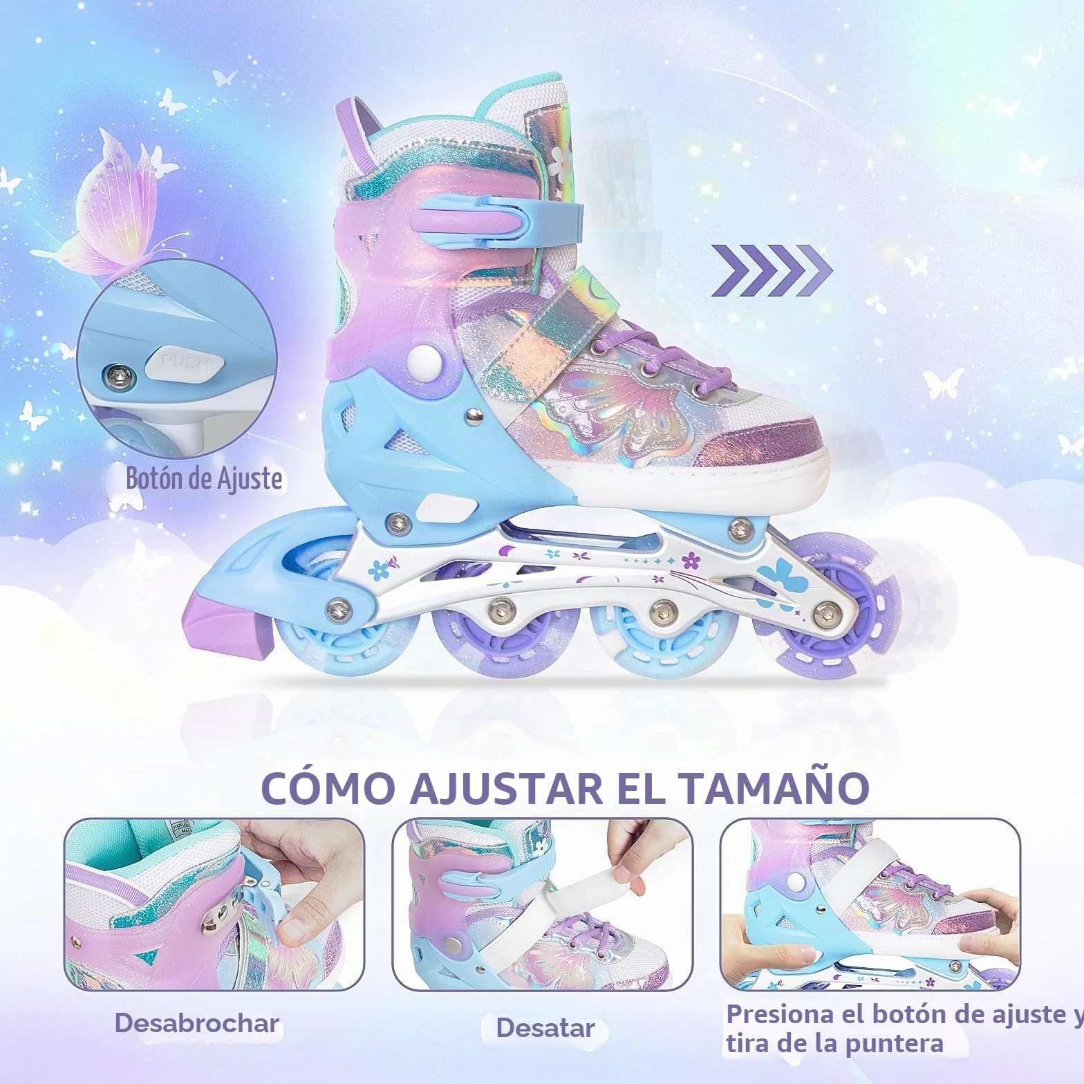 Patinaje en línea para niños Patines Ajustables Rodillos Mariposa niñas 6-12