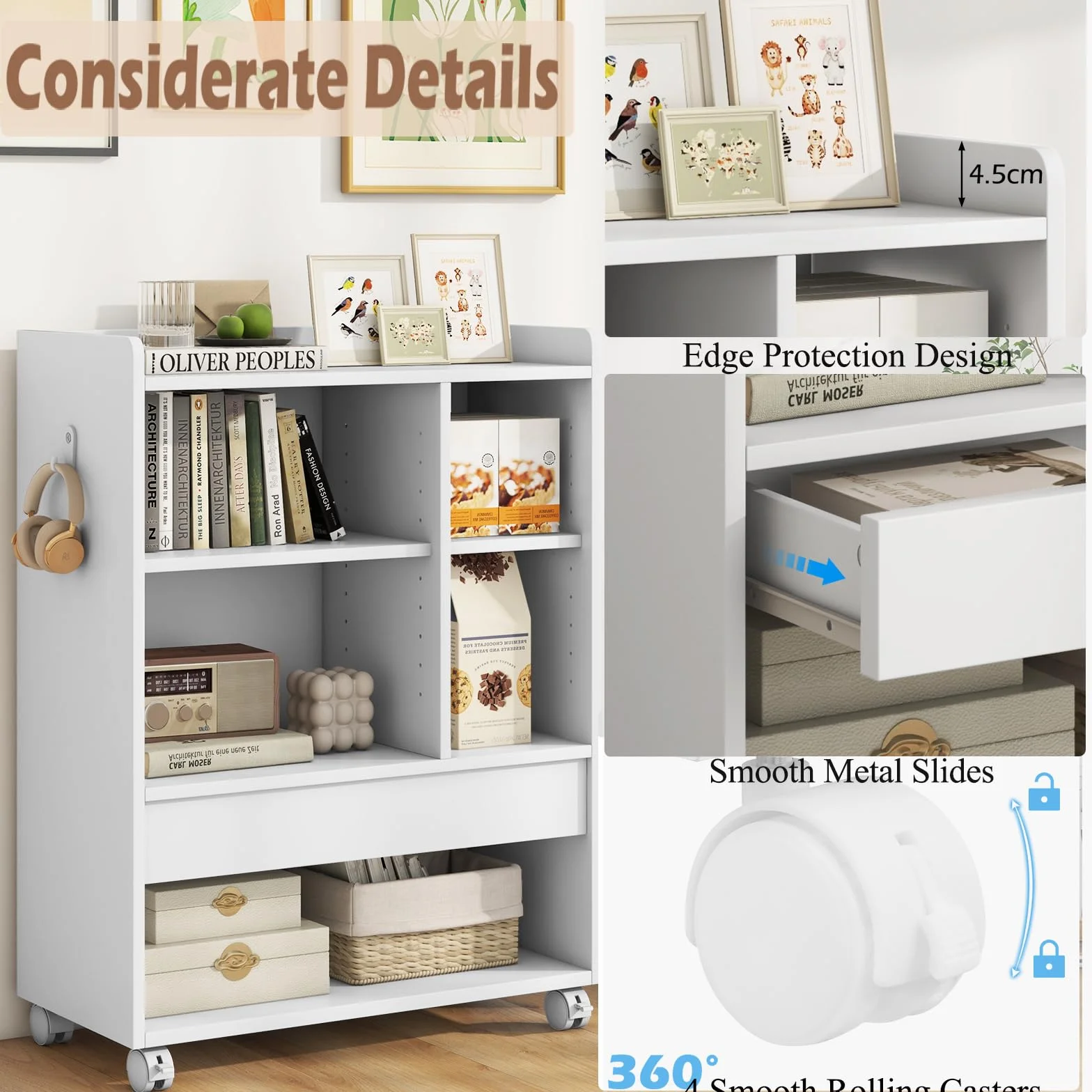 KOMFOTTEU Archivador Móvil con Ruedas, Soporte para Impresora con Cajón, Estantes Ajustables, Gancho, Mueble de Almacenamiento para Salón, Estudio, Oficina, 63,5 x 30 x 84,5 cm (Blanco)